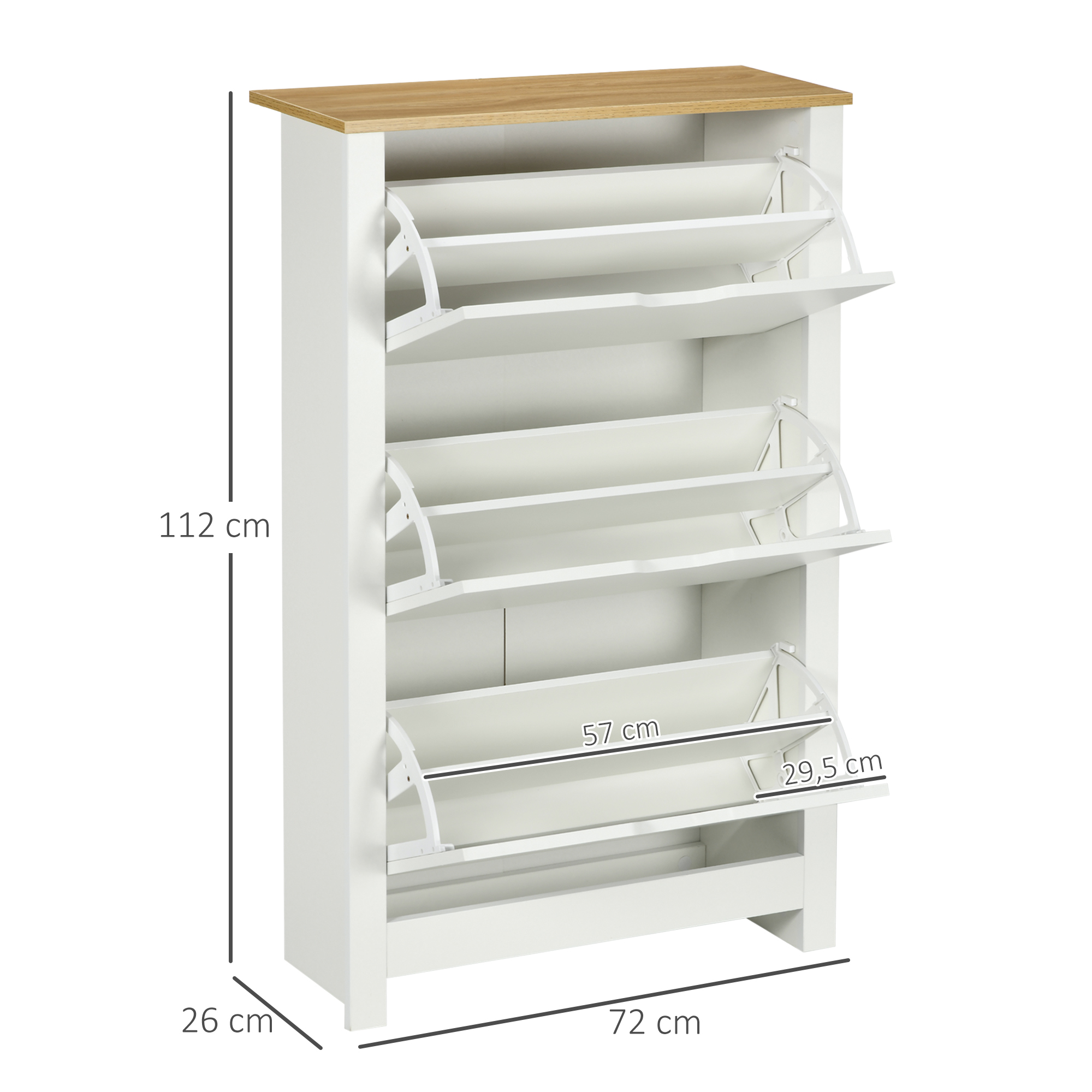 Schuhschrank Schruhregal Schuhaufbewahrung, 3 Fächer, 18 Paar Schuhe,  72 cm x 26 cm x 112 cm, Weiß + Braun