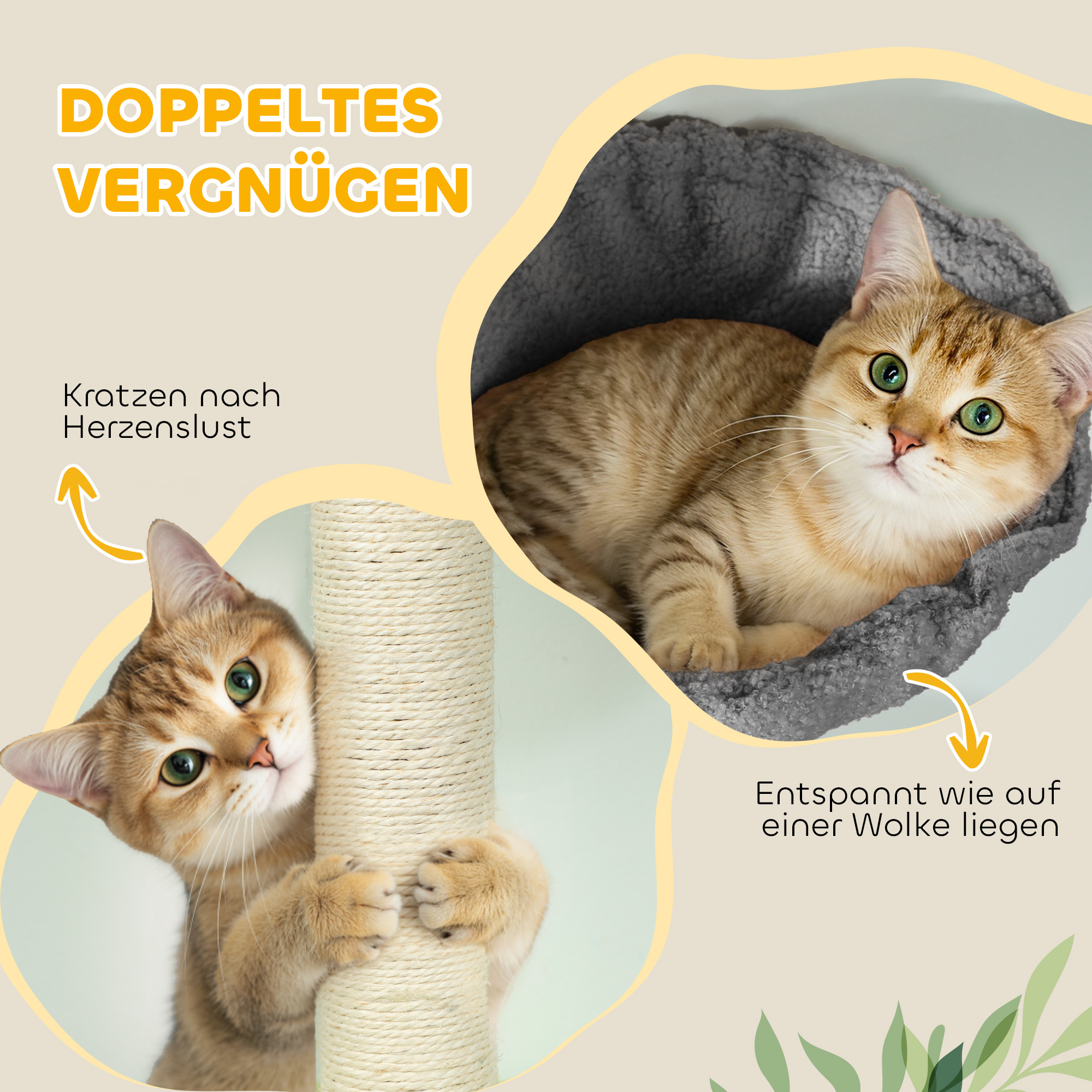 Katzenbaum, Höhle, Hängematte, verstellbare Höhe, Kratzbaum mit Stoffbezug, Grau