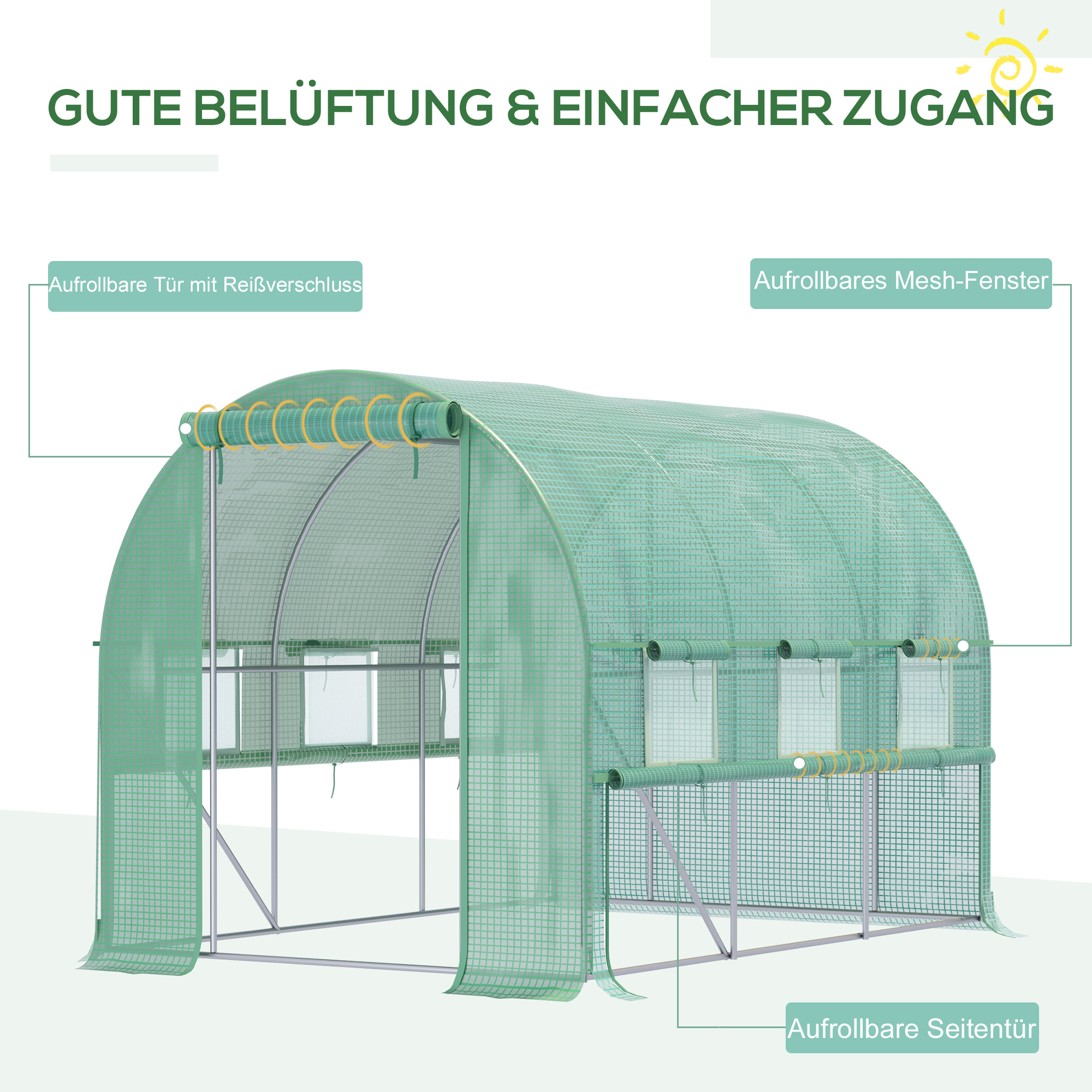 Foliengewächshaus, 6 aufrollbare Fenster, Tür mit Reißverschluss, rostfreier Stahlrahmen, 2,95 x 2 x 2 m, Grün