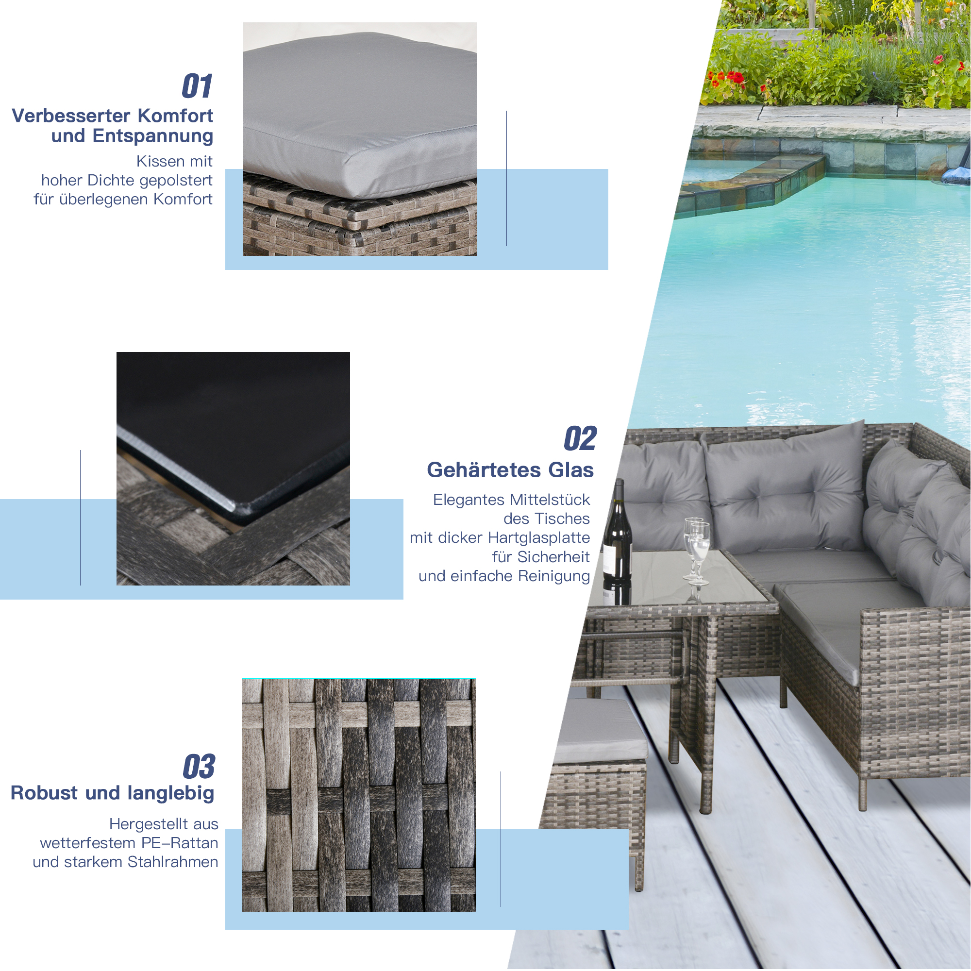 Gartenmöbel-Set aus PE-Rattan, für 5 Personen, Rattan-Lounge-Set, abnehmbare Polster, Grau + Braun