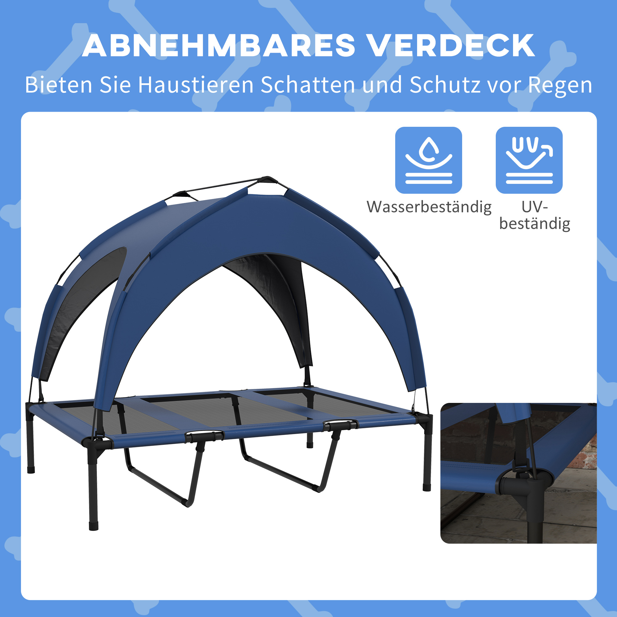 Hundebett Outdoor-Hundebett, wetterbeständig, erhöhtes Gestell, 106 x 76 x 94 cm, Dunkelblau