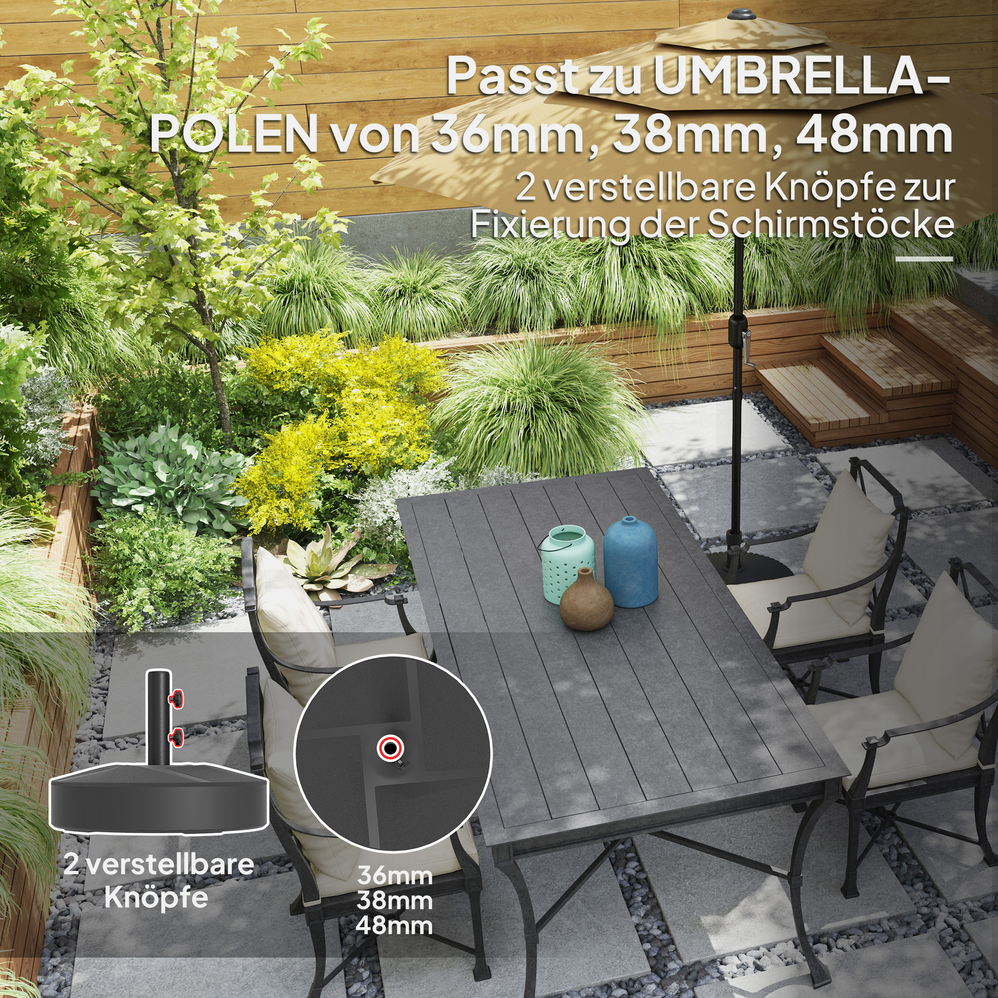Sonnenschirmständer bis 30 kg befüllbar Schirmständer Rund Schirmhalter für Sonnenschirm 36/38/48mm Schwarz