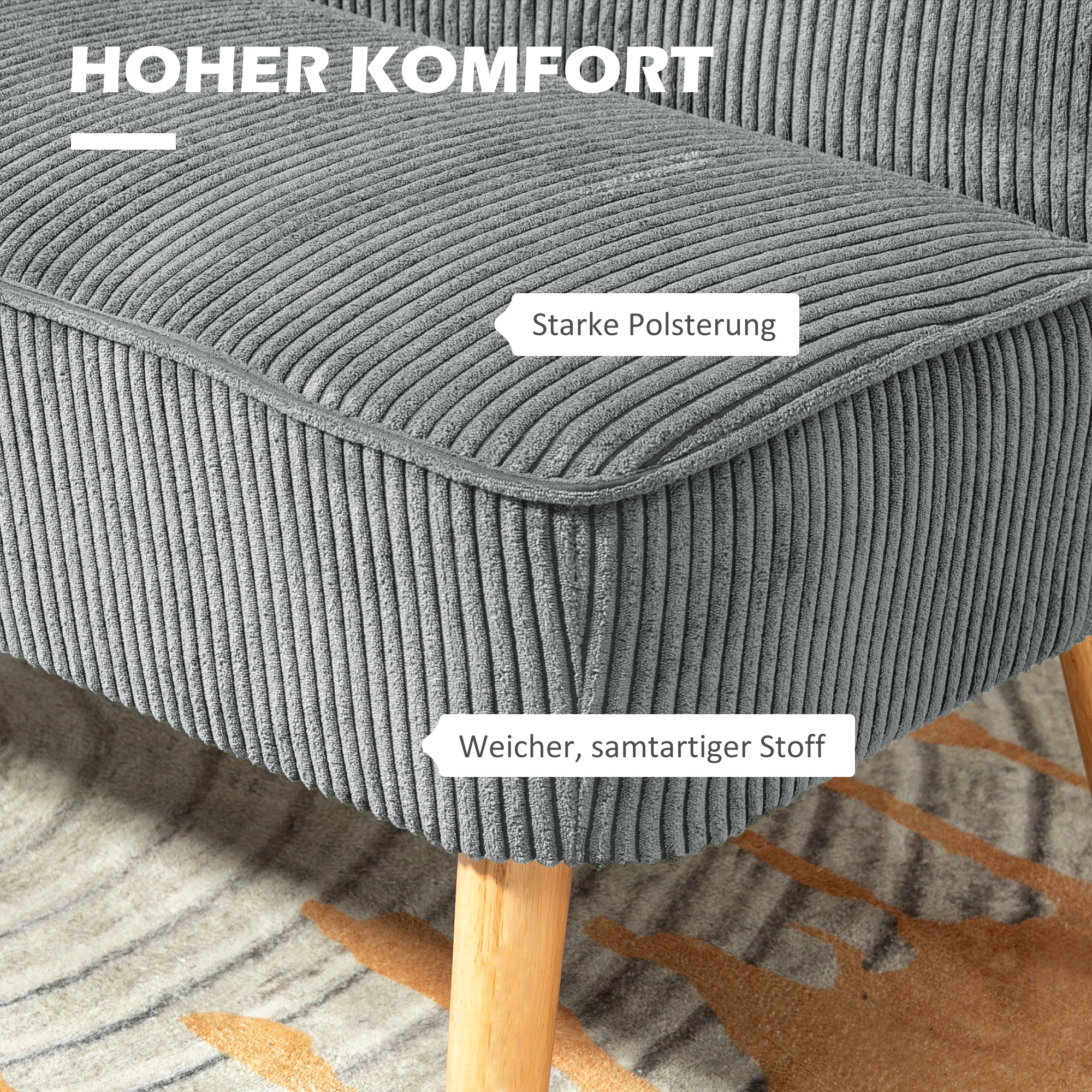 2-Sitzer Polstersofa, Holz, Samtartiges Polyester, Schaumstoff, 117 x 56,5 x 77 cm, Grau