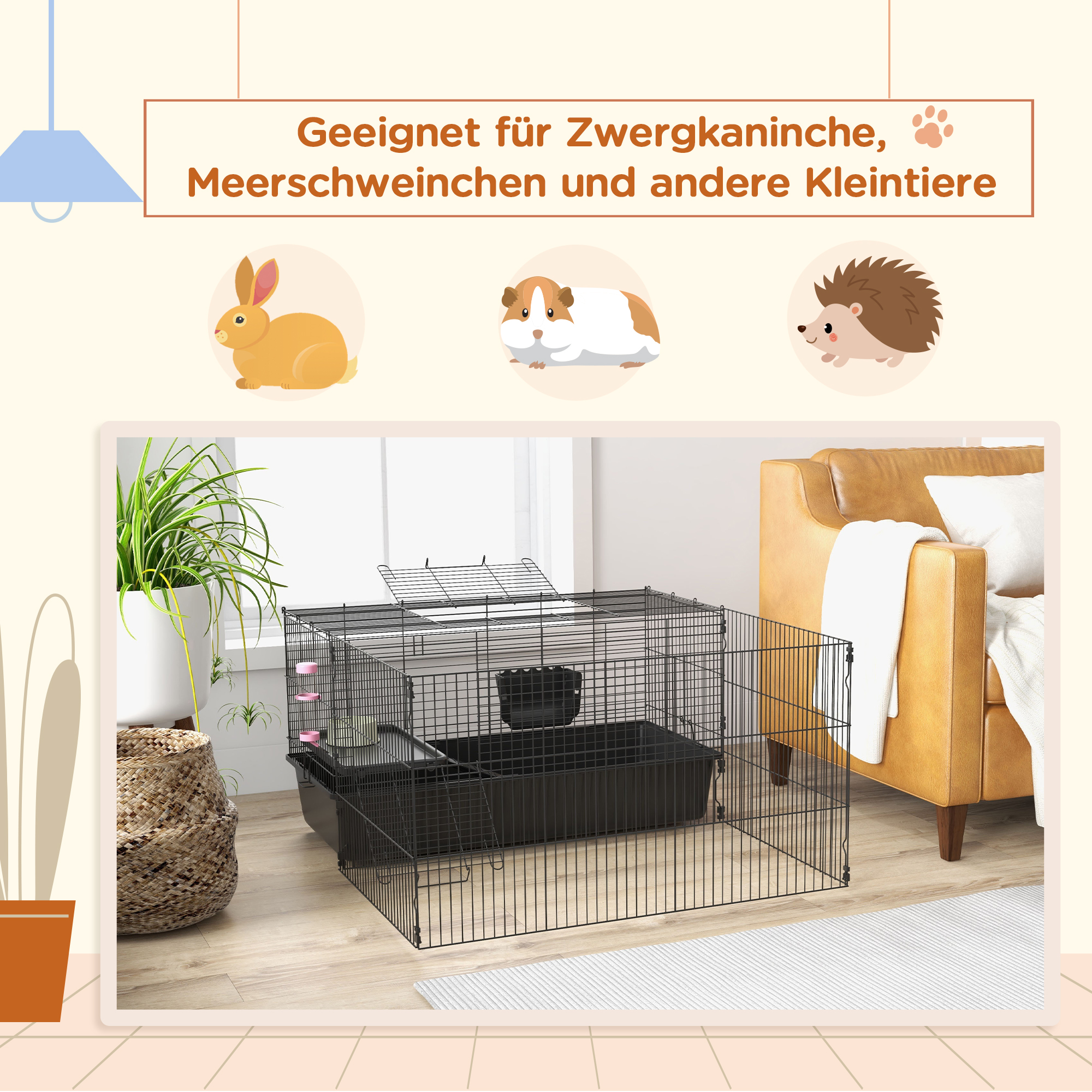 Kleintierkäfig mit abnehmbaren Gehege, Laufgitter mit Stall, inkl. Zubehör, Schwarz