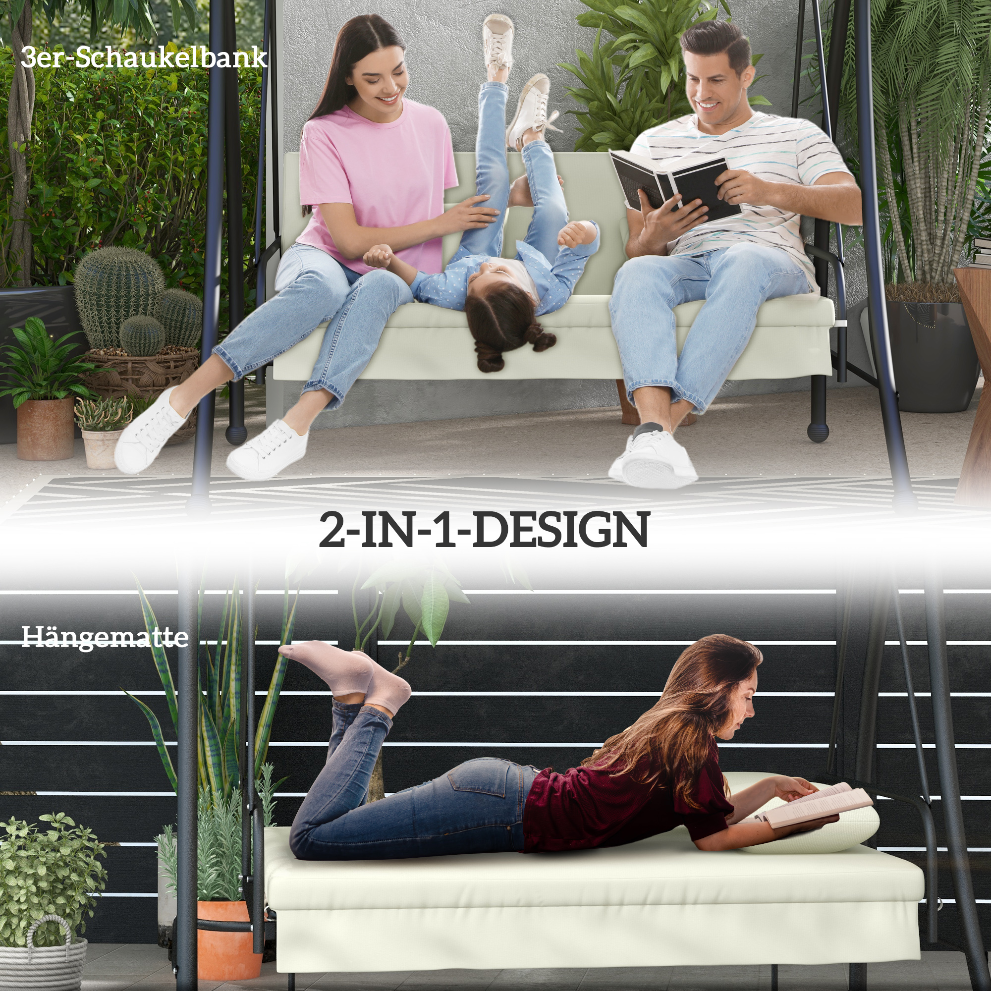 Hollywoodschaukel, Schaukelbank mit Liege-Funktion, 3 Sitzer, Metall+Polyester, 200 x 125 x 170 cm, Weiß