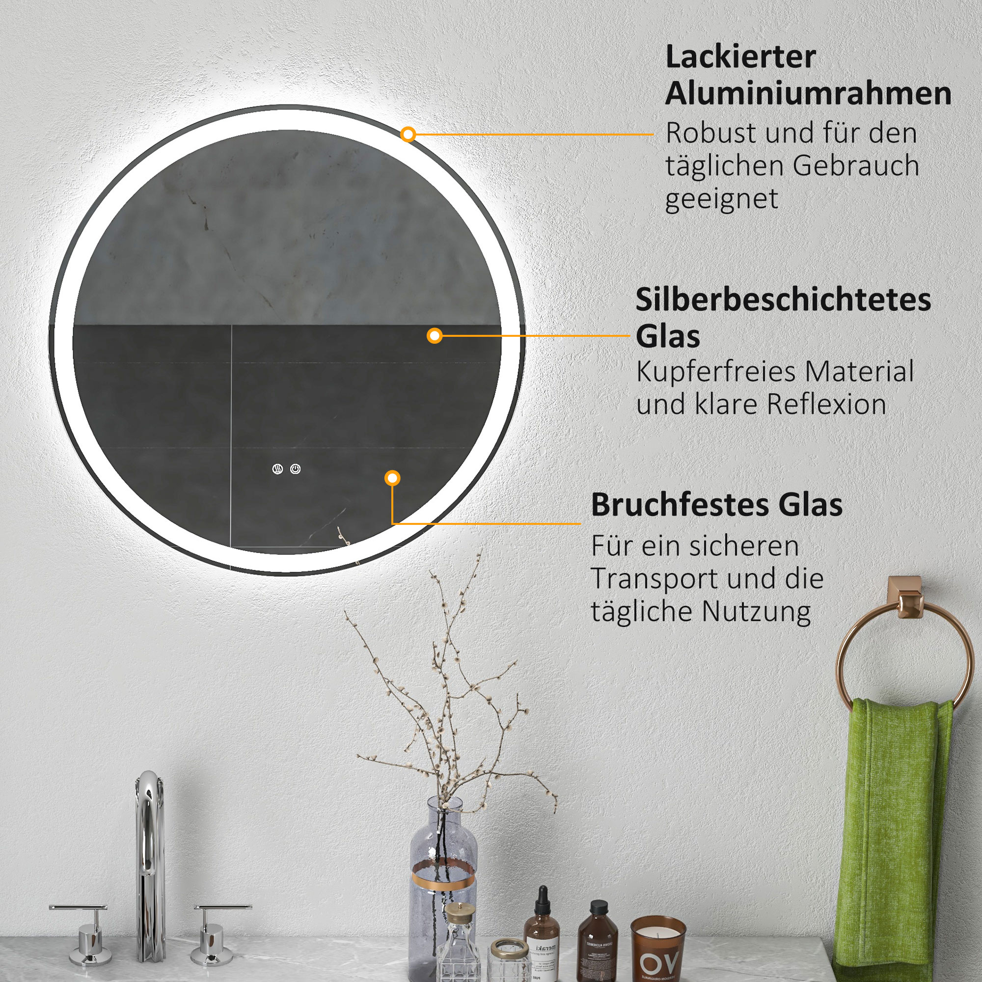 Badezimmerspiegel Badspiegel runder Spiegel, LED- Licht, Touch-Funktion, kein Beschlagen, 60 x 60 cm