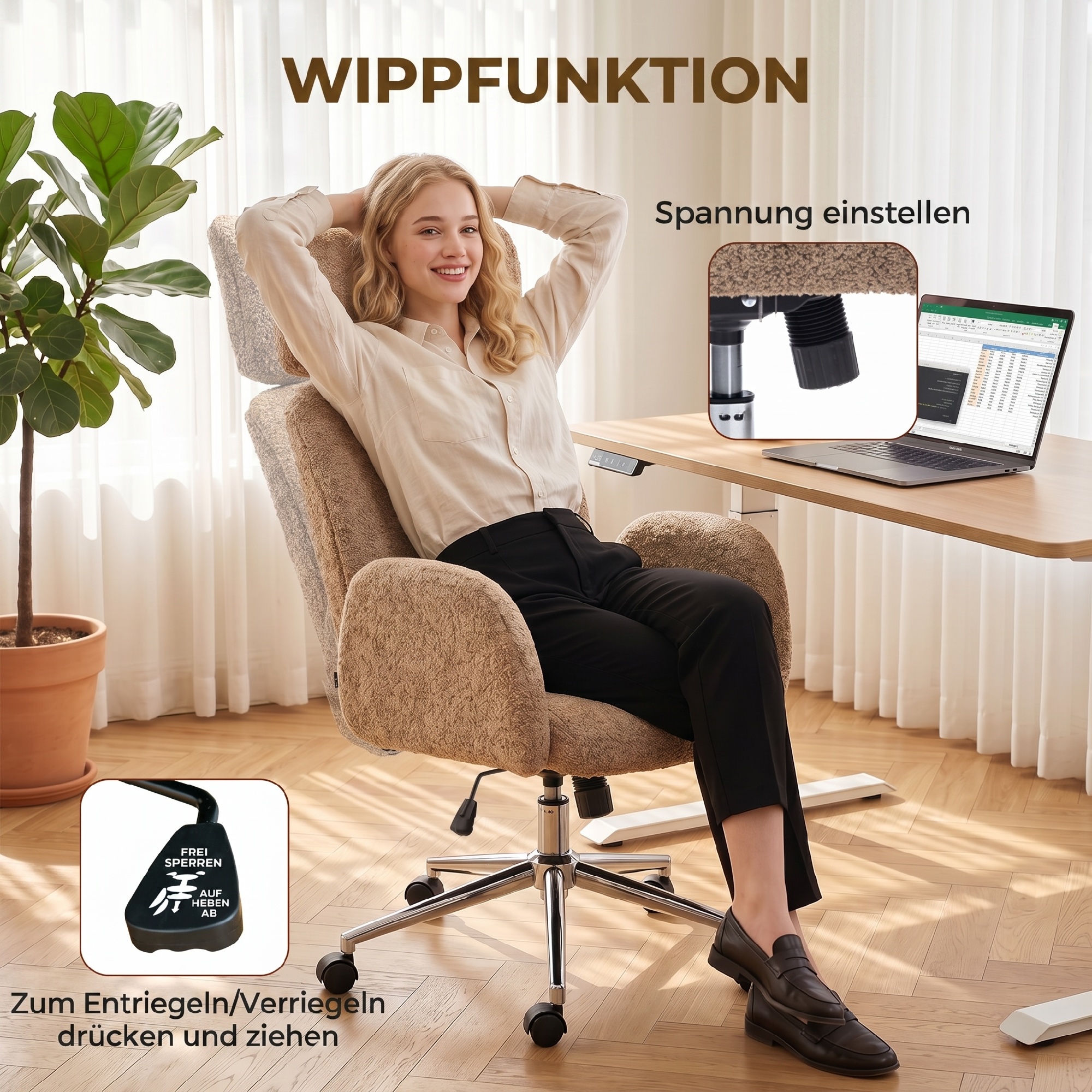 Bürostuhl mit verstellbarer Kopfstütze, ergonomischer Schreibtischstuhl, Kippfunktion, höhenverstellbar, Braun