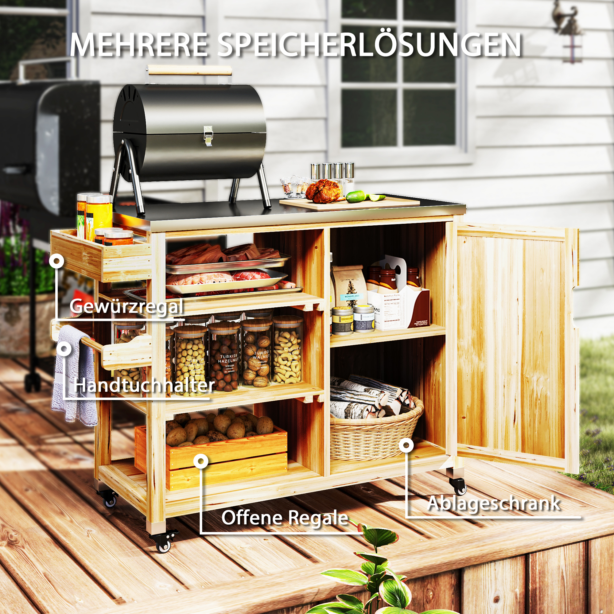 Outdoor-Kücheninsel, Grillwagen mit Schrank und Regalen, Küchenwagen aus Holz und Edelstahl, mit Rollen, Naturholz