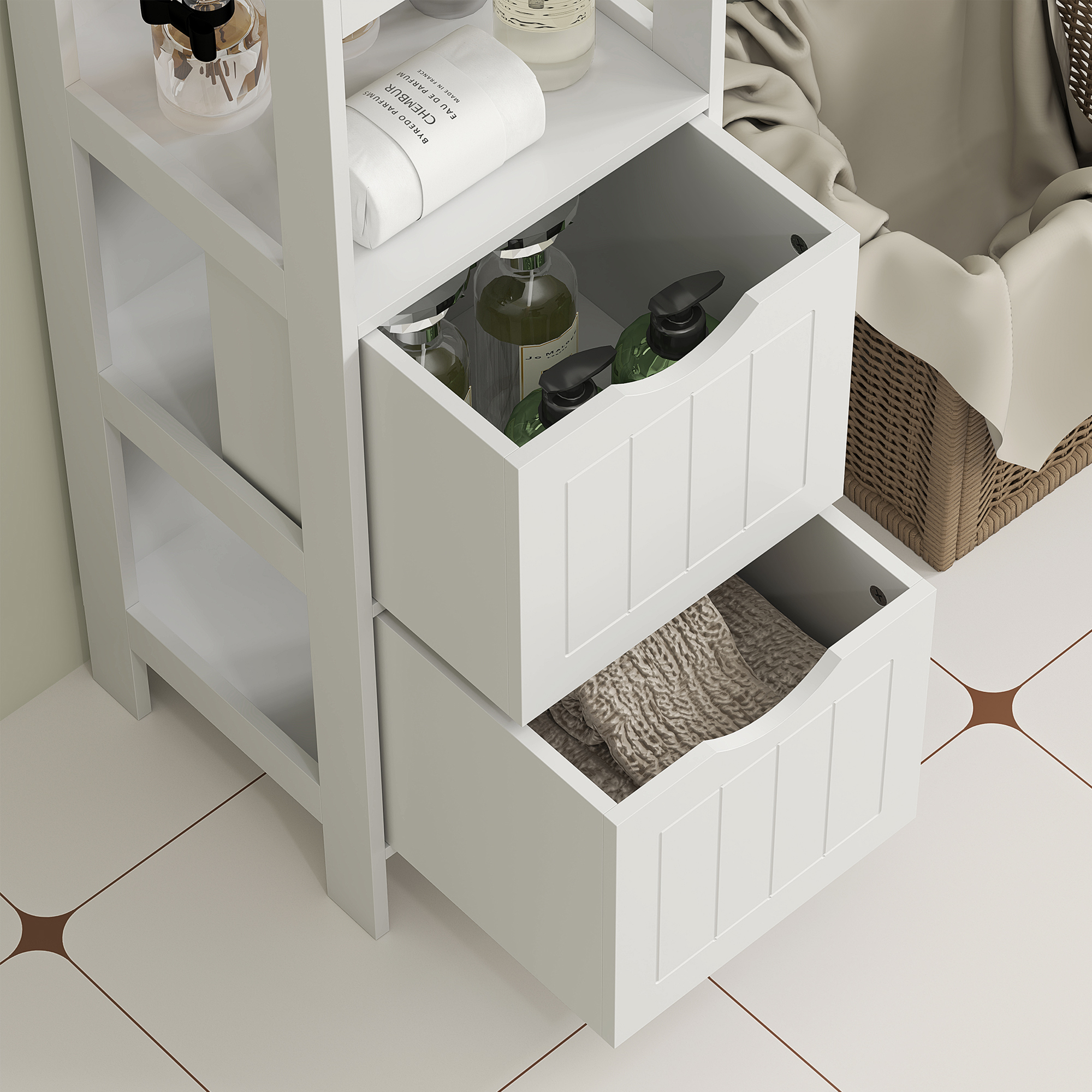 Badezimmerschrank, Kompaktes Badezimmerregal mit 2 Schubladen und 3 offenen Fächern, Freistehendes Badregal, MDF, Weiß