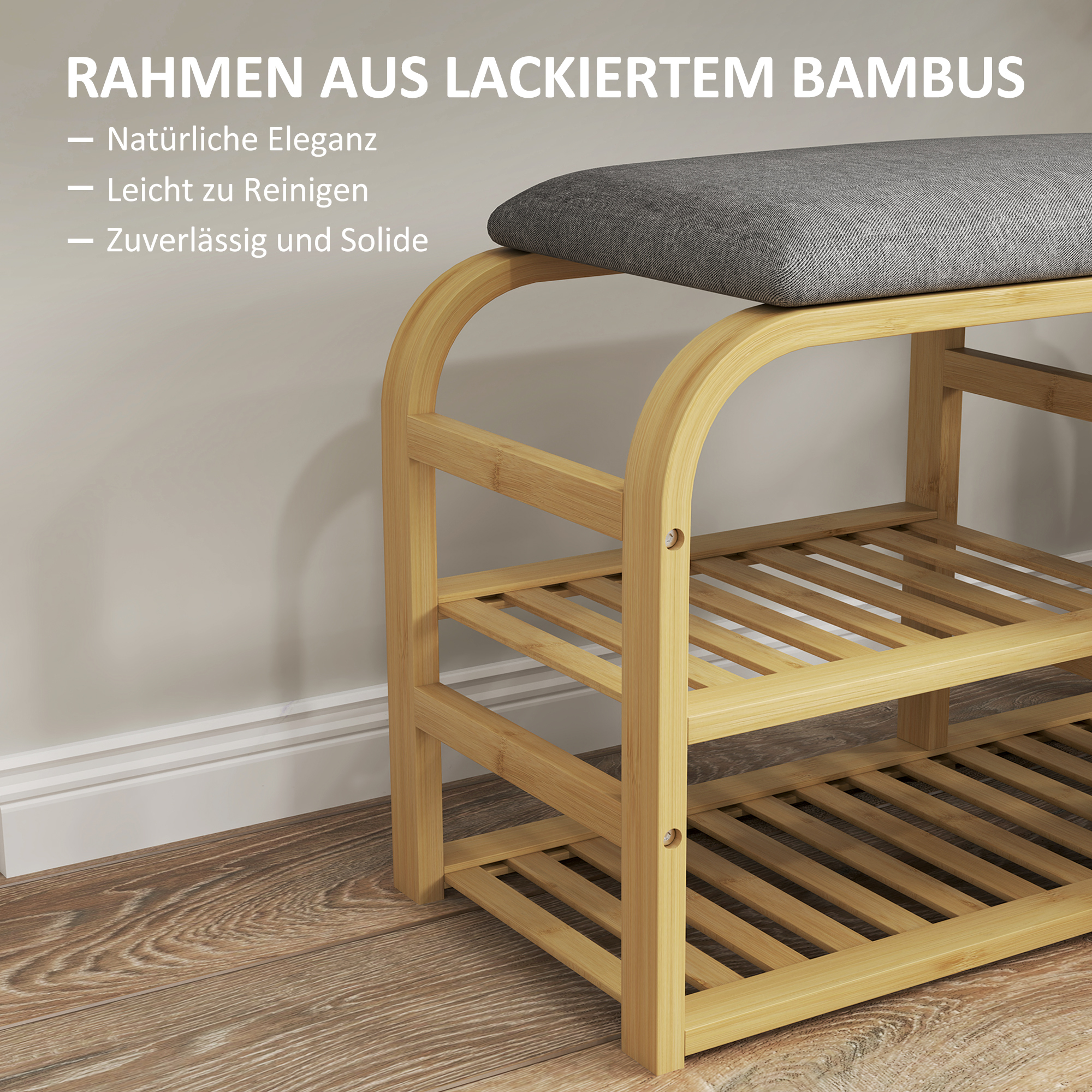 Schuhbank mit Regalen, Schuhaufbewahrungsbank, Bambus, Polstersitz, Grau