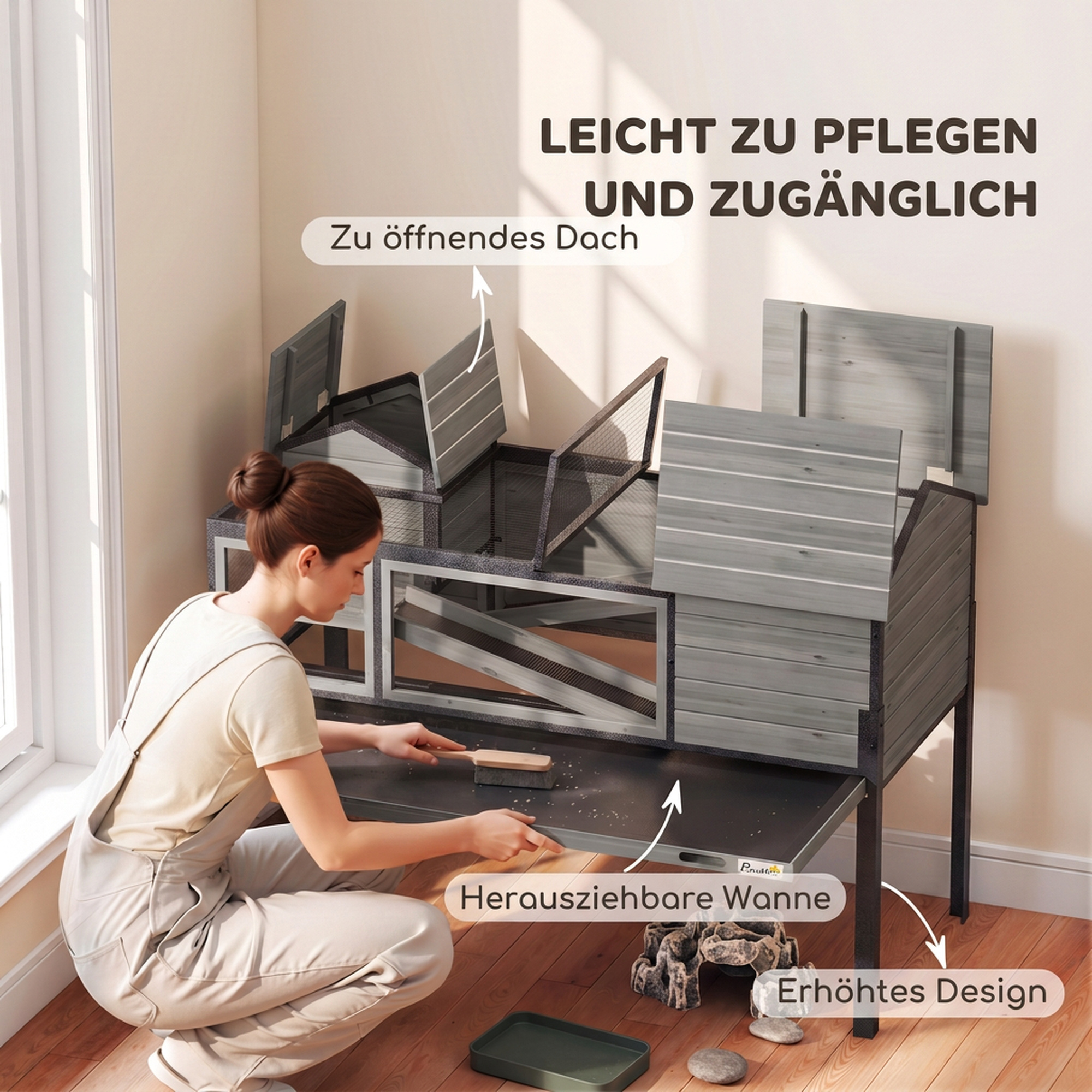 Schildkrötenhaus Holz 2-stöckig Schildkrötengehege mit 2 Haupthäuser Acrylfenster Klappdach herausziehbarer Wanne Grau