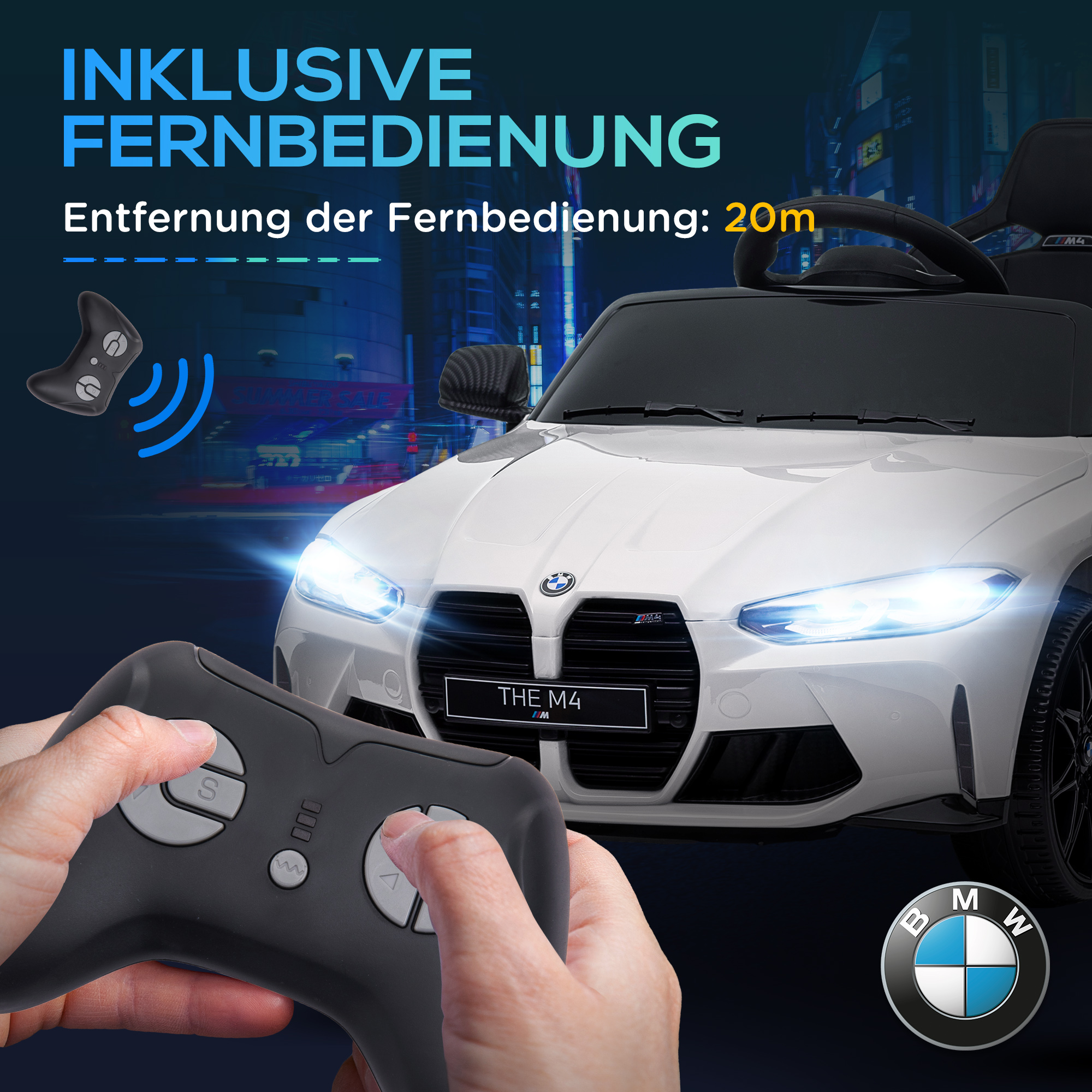 Elektro-Kinderauto BMW M4, Sound & Licht, 3-5 km/h, inkl. Fernsteuerung, für 3-5 Jahre, Weiß