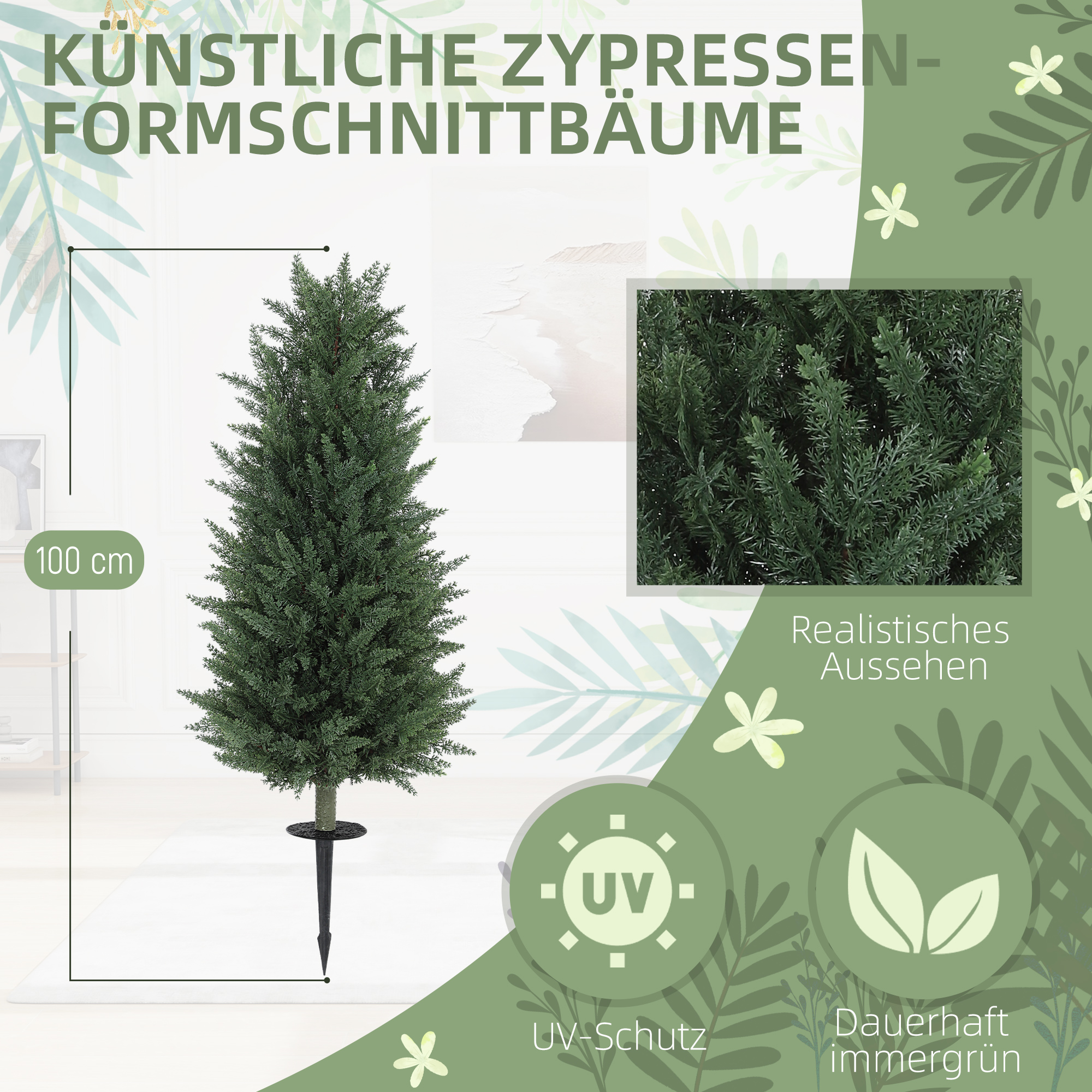 2er-Set Kunstpflanzen, künstliche Zypressen mit je 831 Blättern, vielseitig, Grün