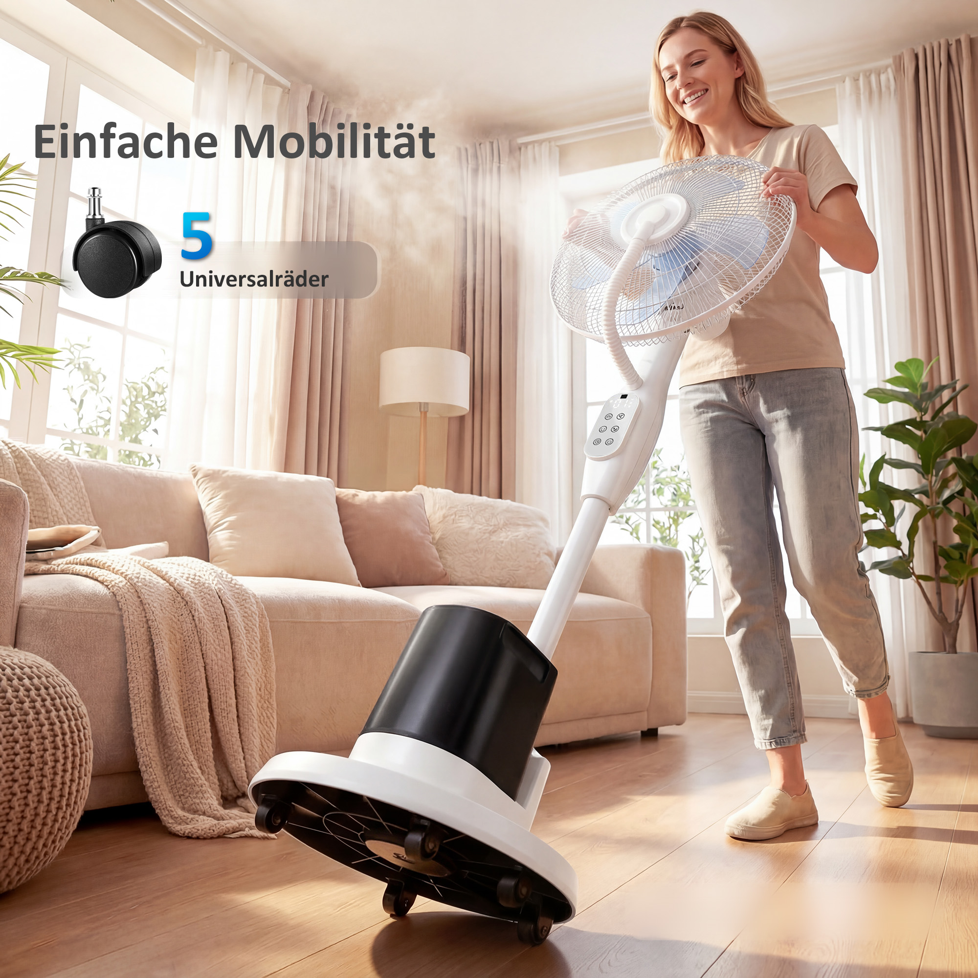 Stehventilator mit Sprühnebel, 70° Oszillation, 3 Geschwindigkeiten, 3 Modi, 3,5L Wassertank, Weiß