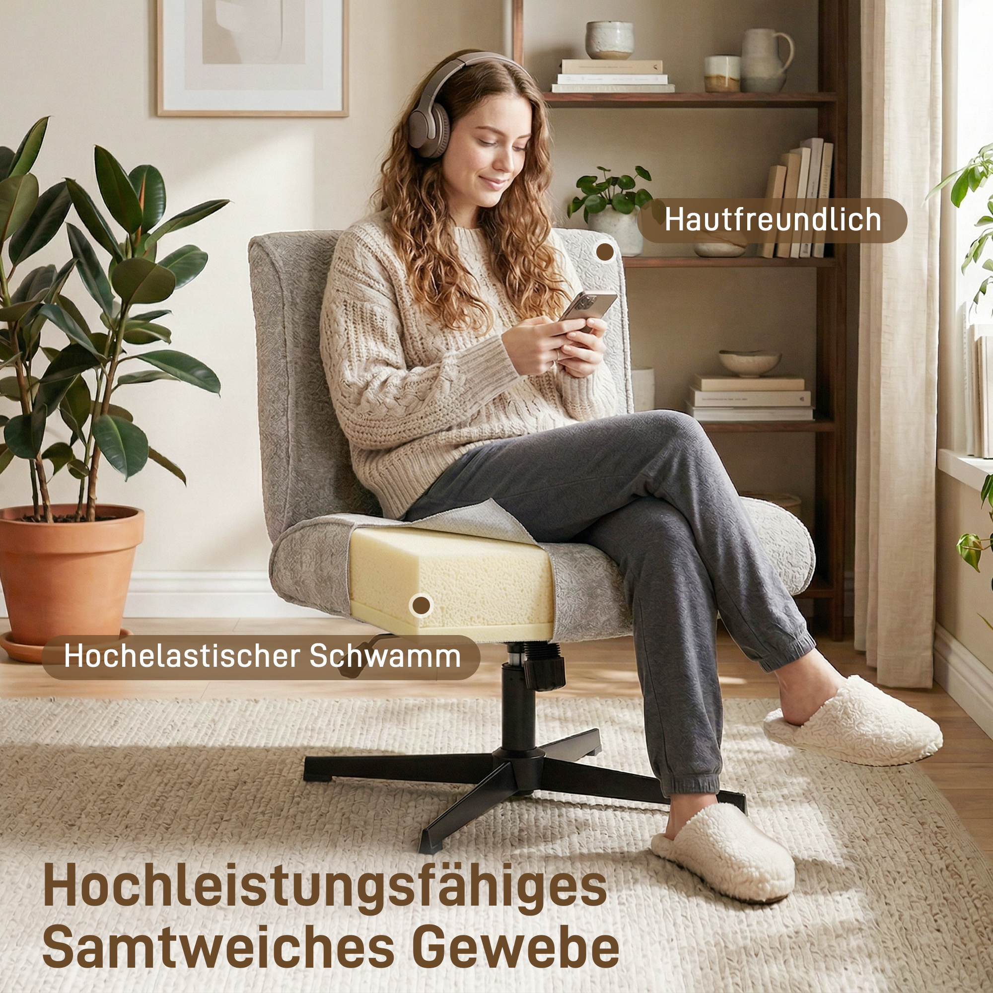 Drehbarer Akzentstuhl, Samtgepolsterter Lounge-Sessel mit Höhenverstellung für Wohnzimmer, Büro, Grau