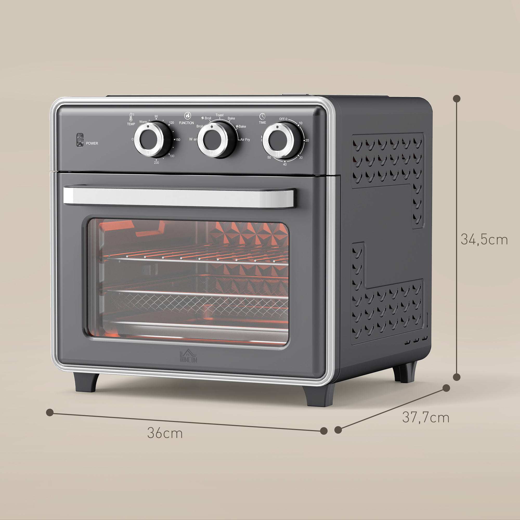 Minibackofen, 20L, 5 Funktionen, 360° Heißluft, Grillrost, Krümelblech, Grau