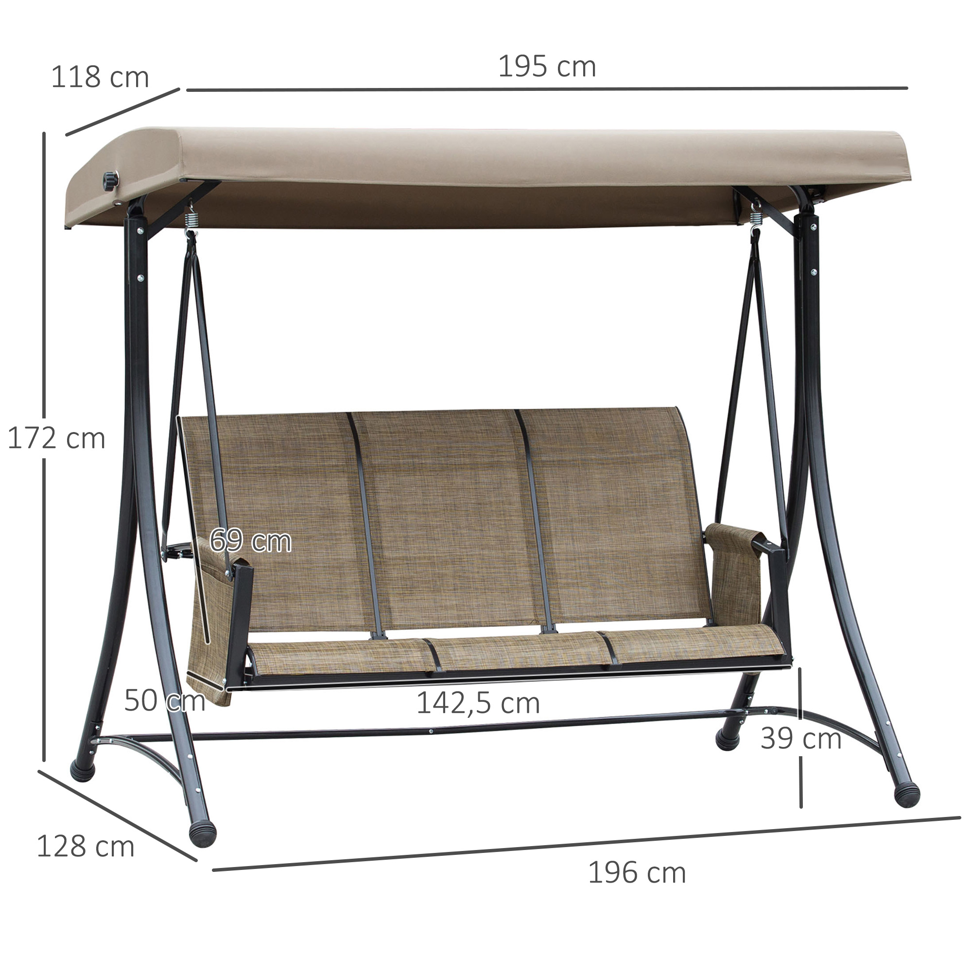 3-Sitzer Hollywoodschaukel, Gartenschaukel mit Sonnendach, Schaukelbank mit Ablage, Aluminium, 196 x 128 x 172 cm, Braun