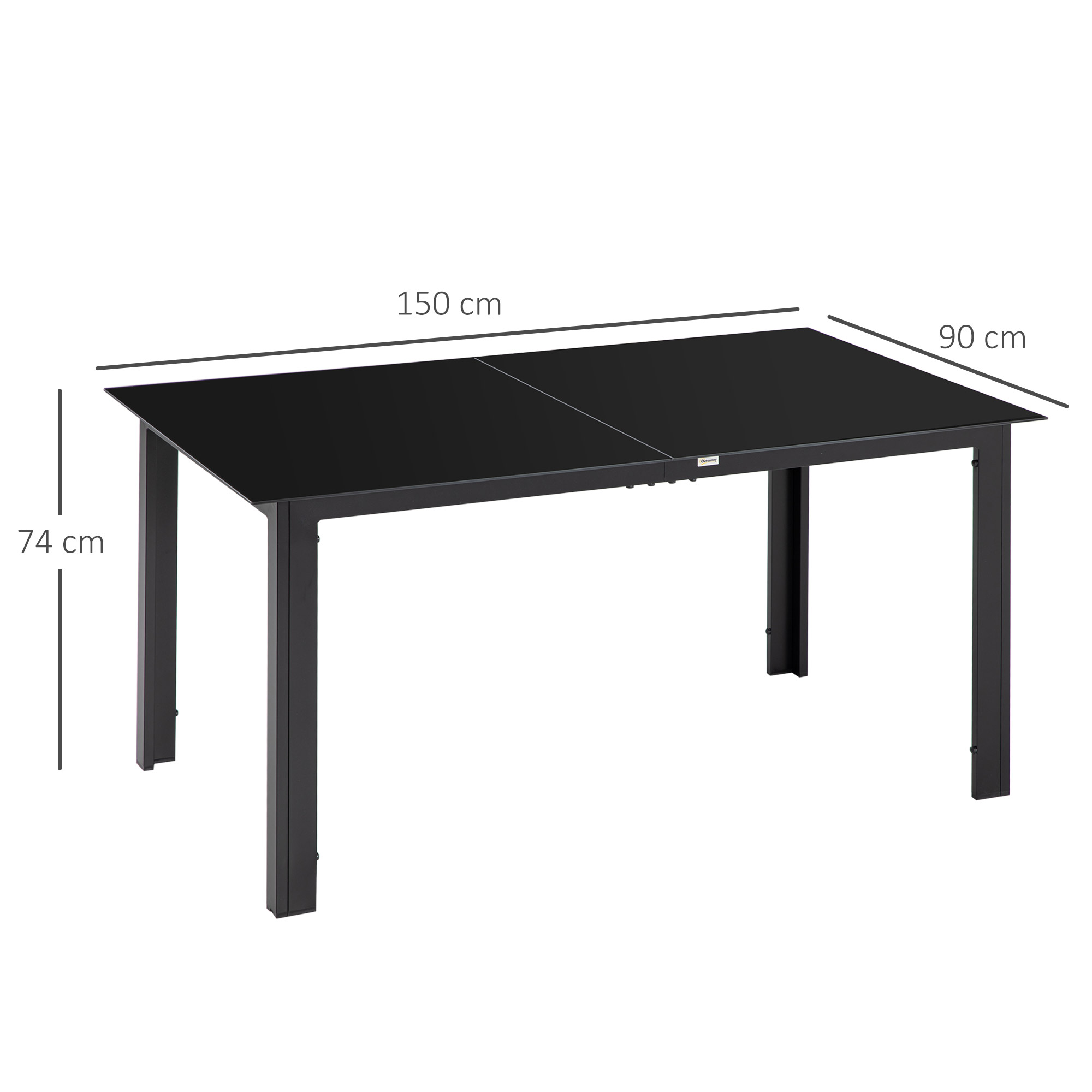 Gartentisch für 6 Personen, wetterbeständig, gehärtetes Glas, Terrassentisch, 150 cm x 90 cm x 74 cm, Schwarz