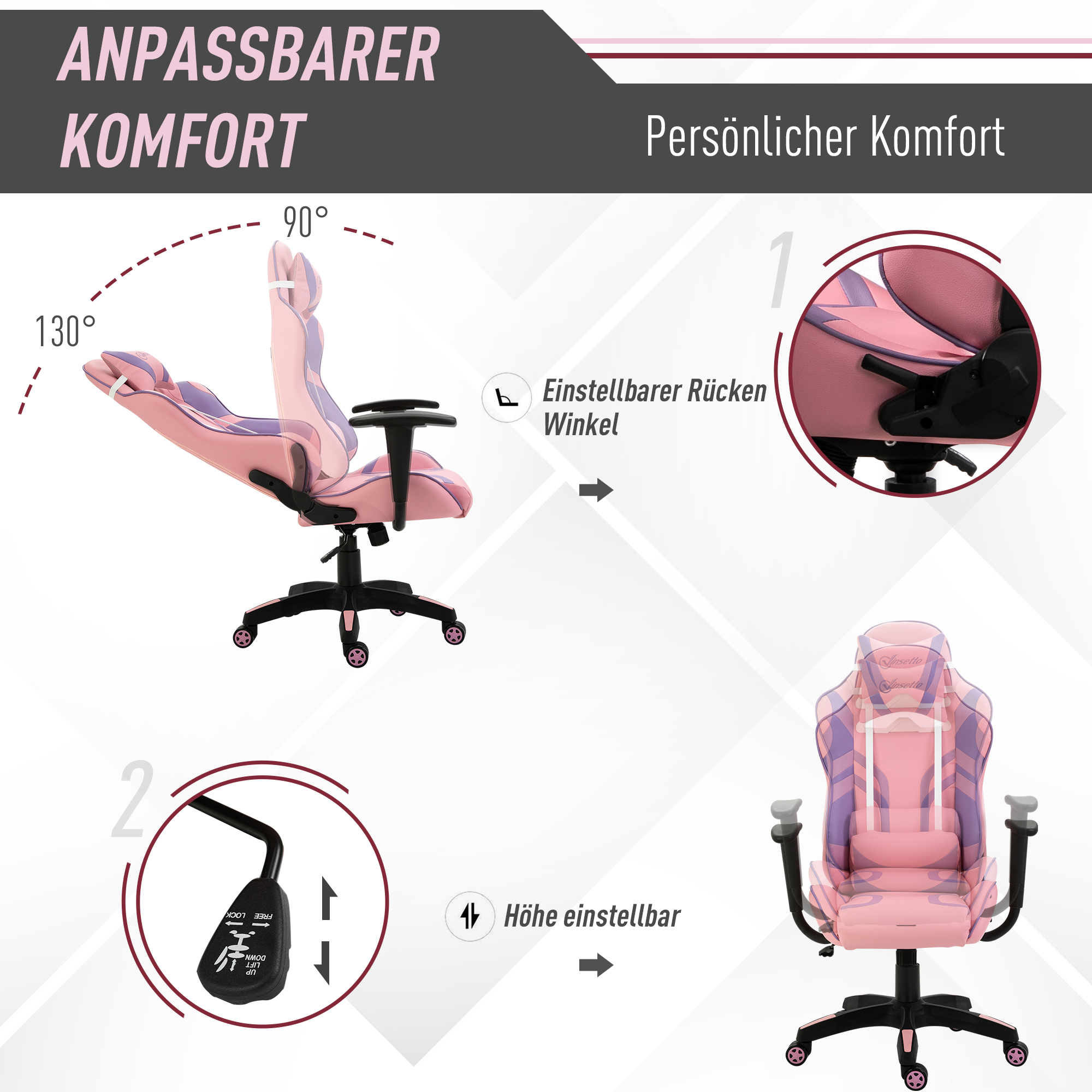 Ergonomischer Gaming Stuhl Bürostuhl Drehstuhl Verstellbares Massage Lendenkissen Höhenverstellbar Rosa&Violett 69x56x125,5 cm