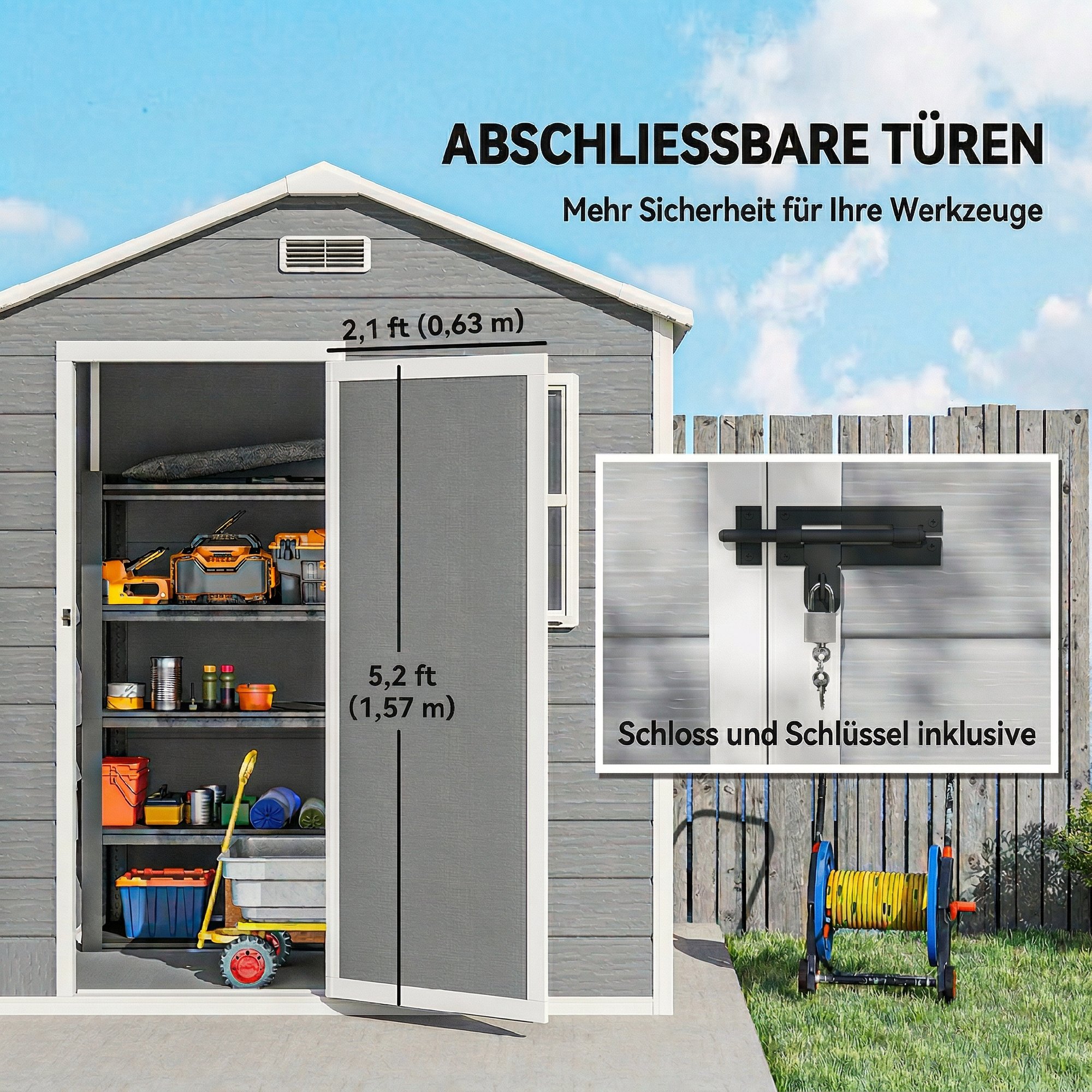 Gerätehaus 1,9m² 182 x 121 x 200cm Geräteschuppen mit Satteldach Boden Abschließbarer Tür