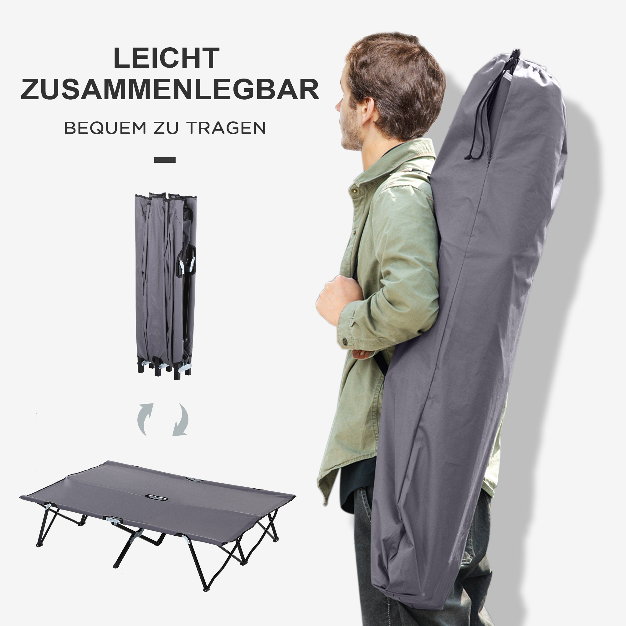 Campingliege, Campingbett für bis zu 2 Personen, 193L x 125B x 40H cm, Grau