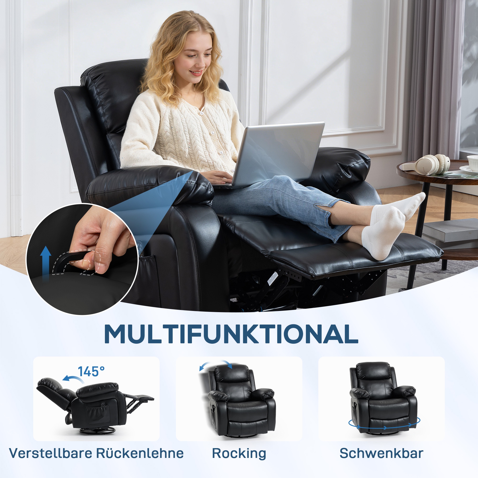 Massagesessel mit 8 Vibrationsköpfen, Relaxsessel, verstellbare Rückenlehne + Fußstütze, Schwarz