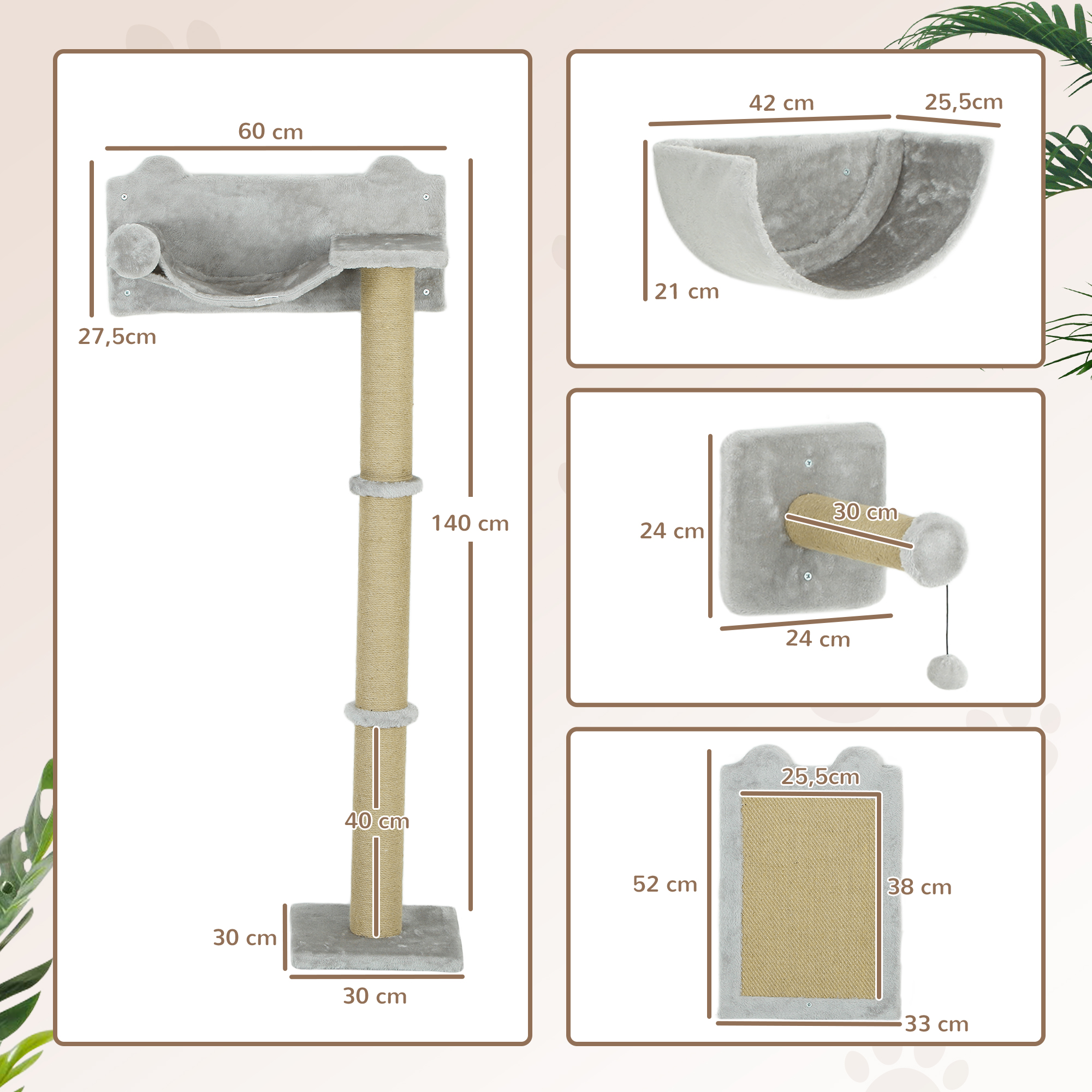 5-teiliges wandmontiertes Kletterset für Hauskatzen mit Kratzpfosten, Kratzmatte, Katzenbett, Spielzeugbällen, Hellgrau