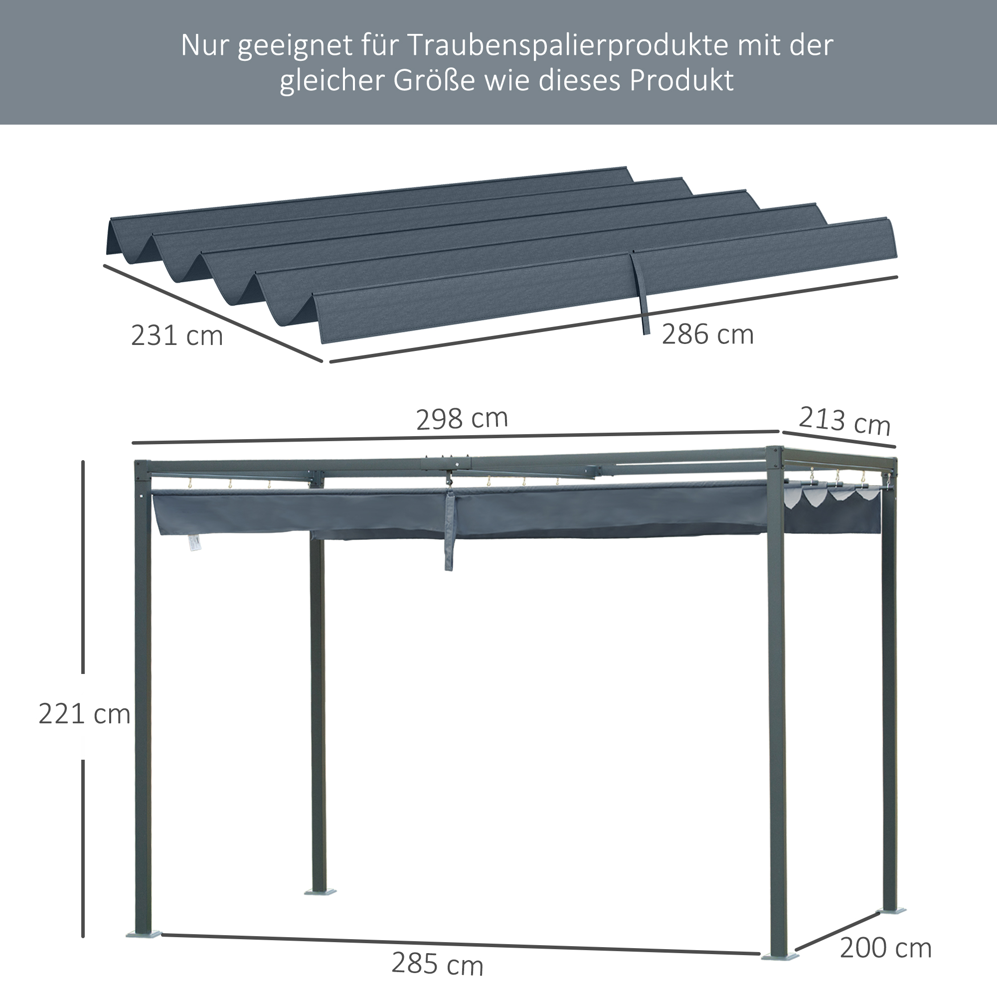Ersatzdach für 2,85 x 2 m Gartenpavillon, ausziehbar, einfache Montage, Polyester, Dunkelgrau