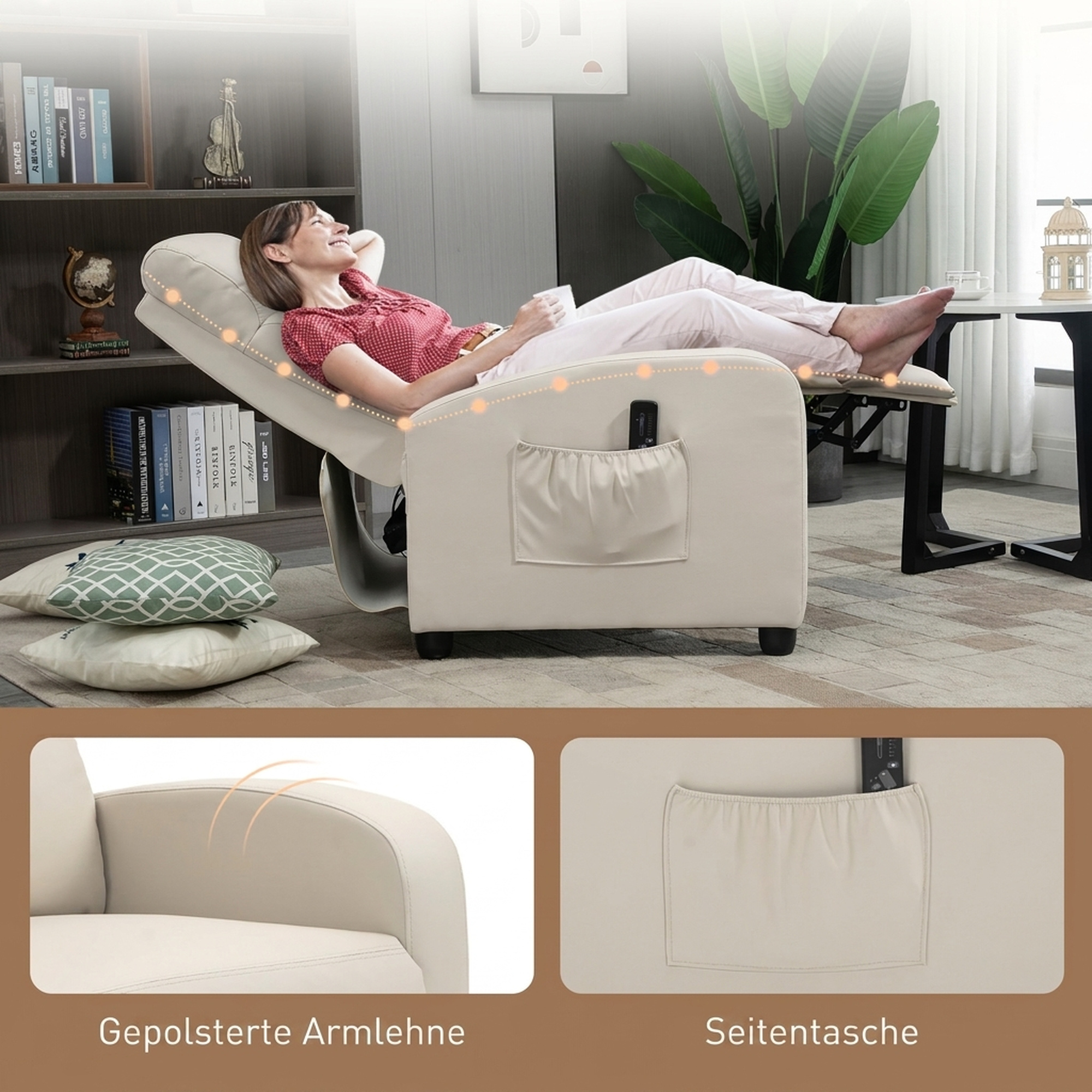 Entspannungs-Massagesessel mit 8 Modi und 5 Intensitäten, Liege mit Fußstütze und Fernbedienung, PU-Kunstleder, Creme