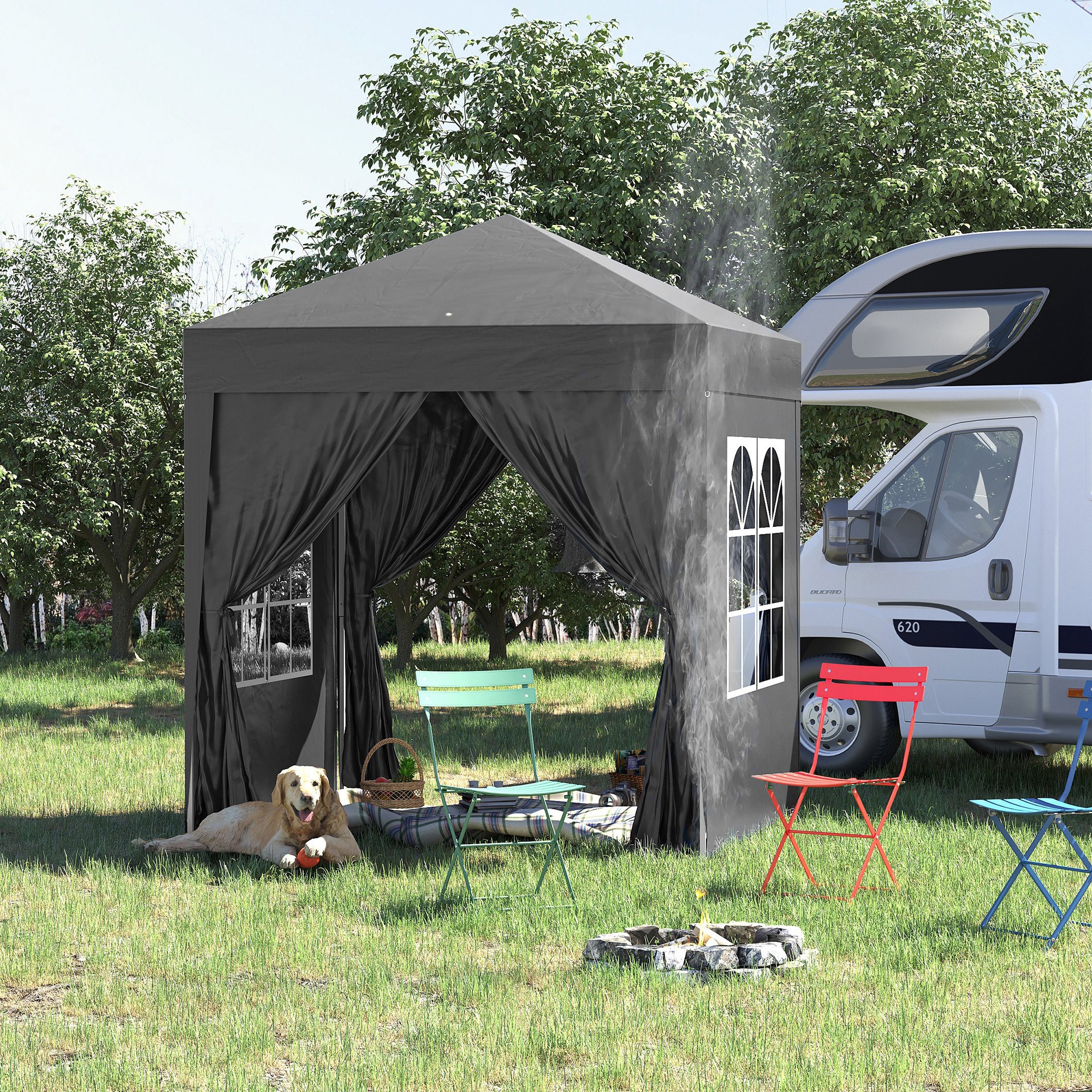 Faltpavillon, Bierzelt, 4 abnehmbare Seitenwände, 2 Fenster, Metallrahmen, 2 x 2m, Schwarz