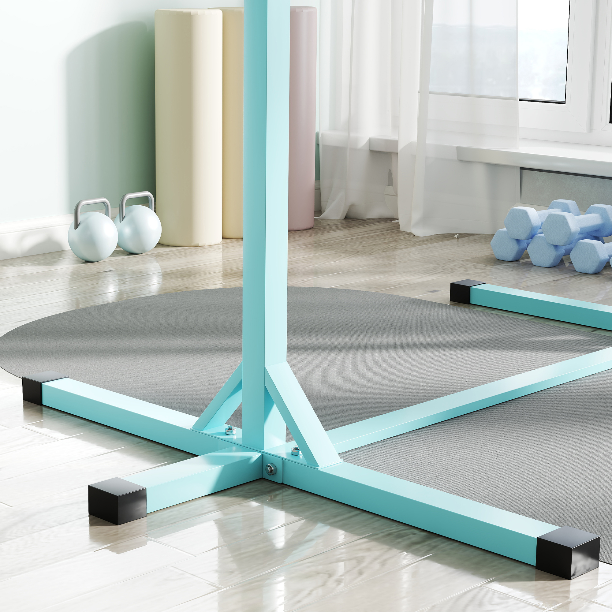Gymnastik-Turnreck, Reckstange, 13-stufig höhenverstellbar, bis 75 kg belastbar, Stahl, Buchenholz, Hellblau