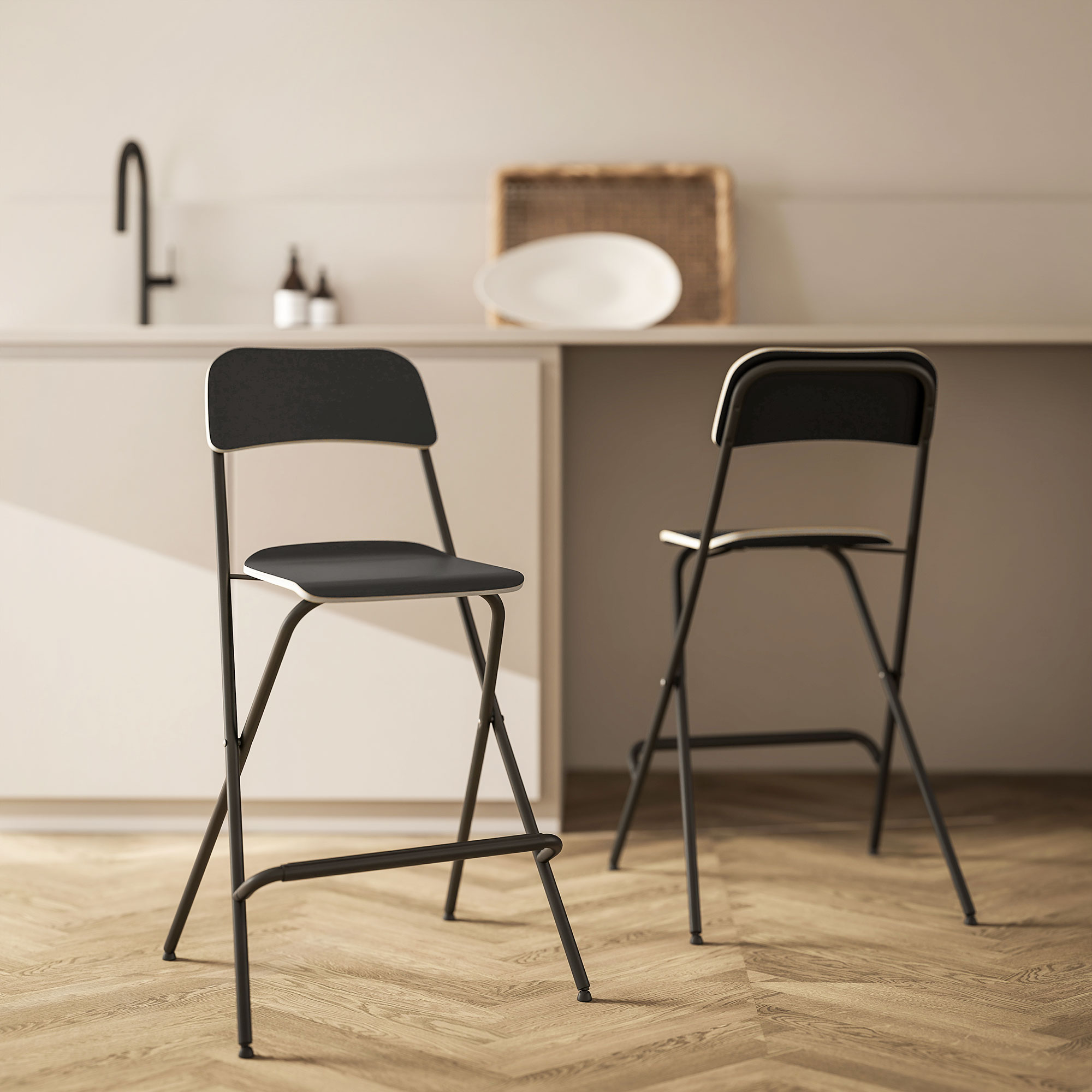 2er-Set Barhocker, klappbare Barstühle mit Stahlrahmen, für Küche, Esszimmer, Schwarz