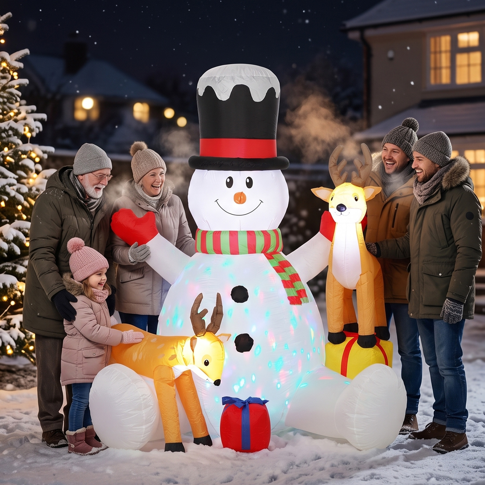 Aufblasbarer Weihnachts-Schneemann mit 2 Rentieren, 215 cm, für draußen, mit LEDs und Tasche