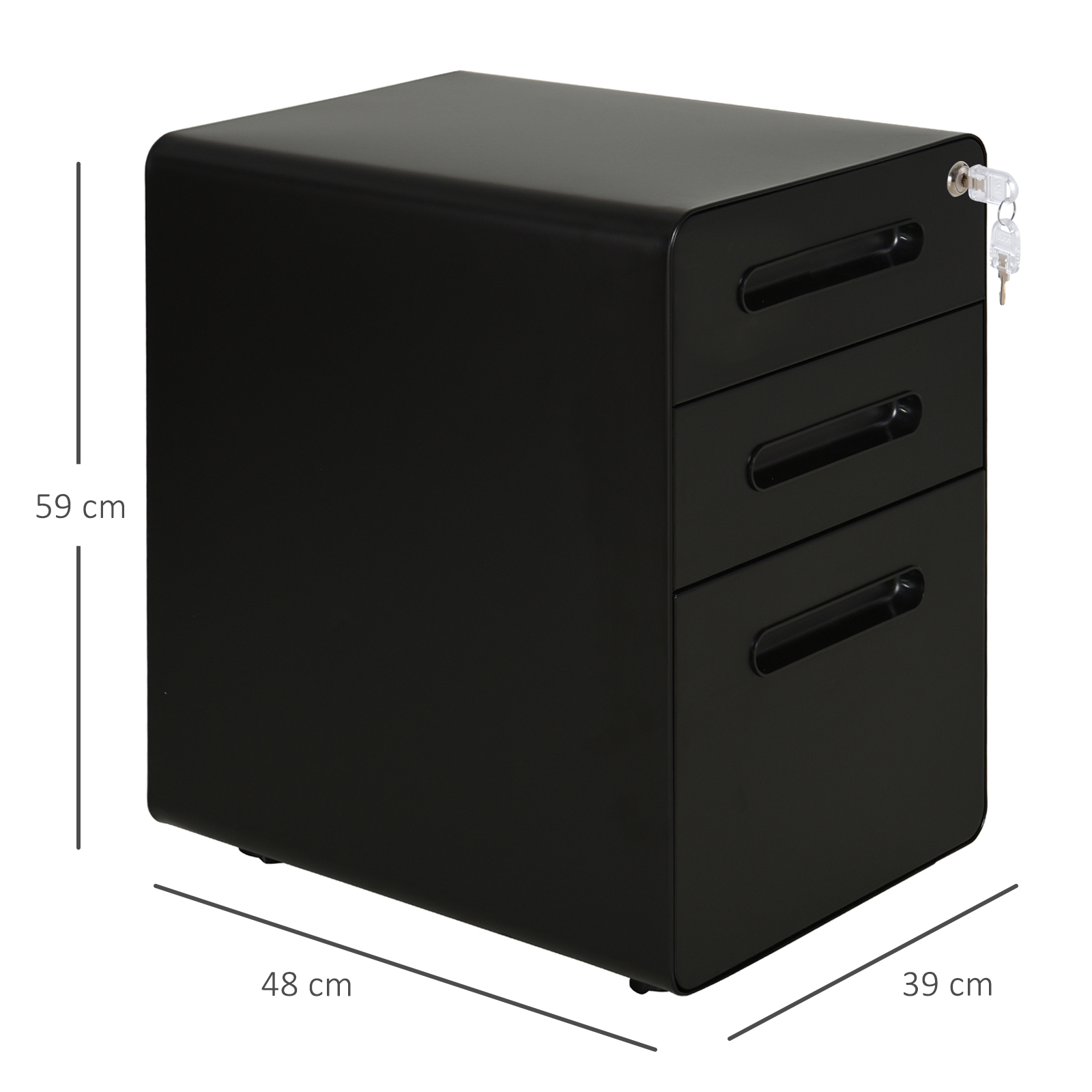Rollcontainer mit 3 Schubladen mobiler Aktenschrank mit Rollen abschließbar Büroschrank mit Hängeregistratur Stiftfach, Bürocontainer Schreibtisch Unterschrank für Büro 39x48x59cm Schwarz