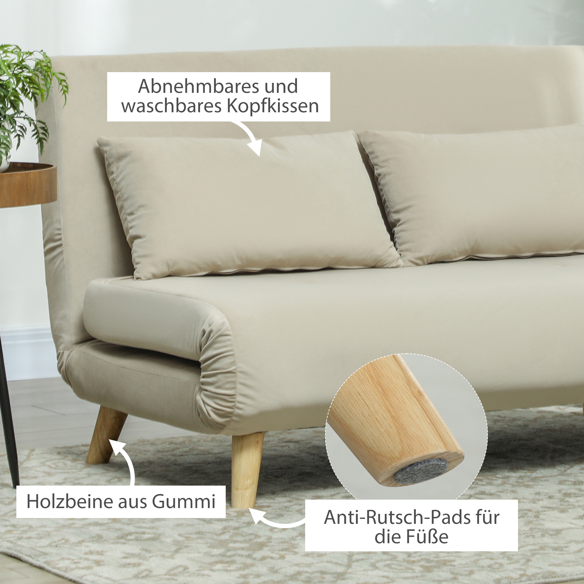 Schlafsofa Relaxsofa Sofa Couch, inkl. 2 Kissen, Samtoptik, 130 x 78 x 79 cm, Beige