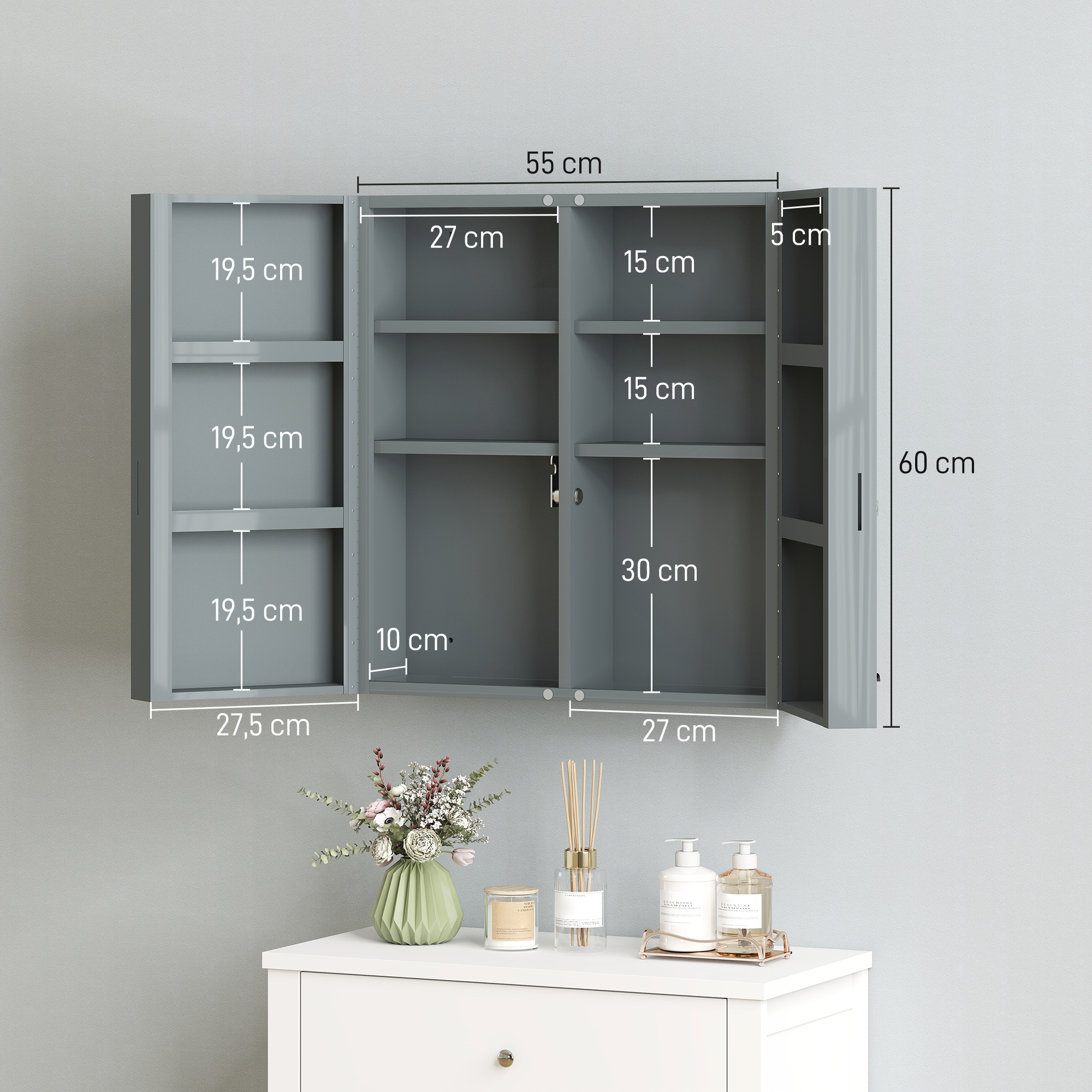 Medizinschrank, abschließbarer Medikamentenschrank mit 2 Türen und 6 Regalen, Kohlegrau