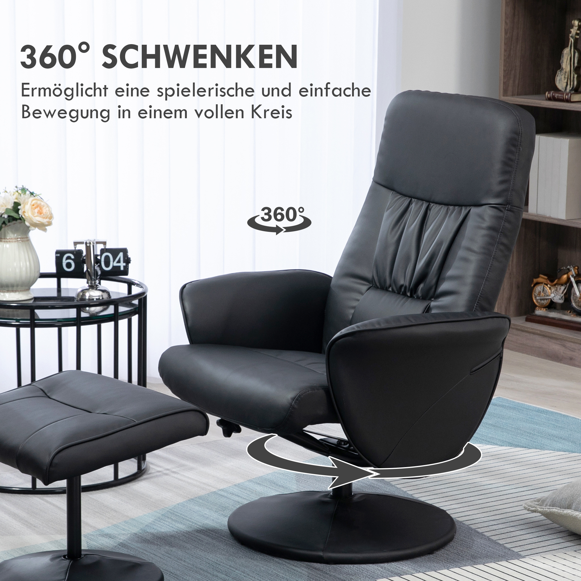 2-teiliges Sessel-Set Sessel mit Fußhocker Relaxsessel mit Fußhocker, höhenverstellbar, neigbare Rückenlehne, Schwarz