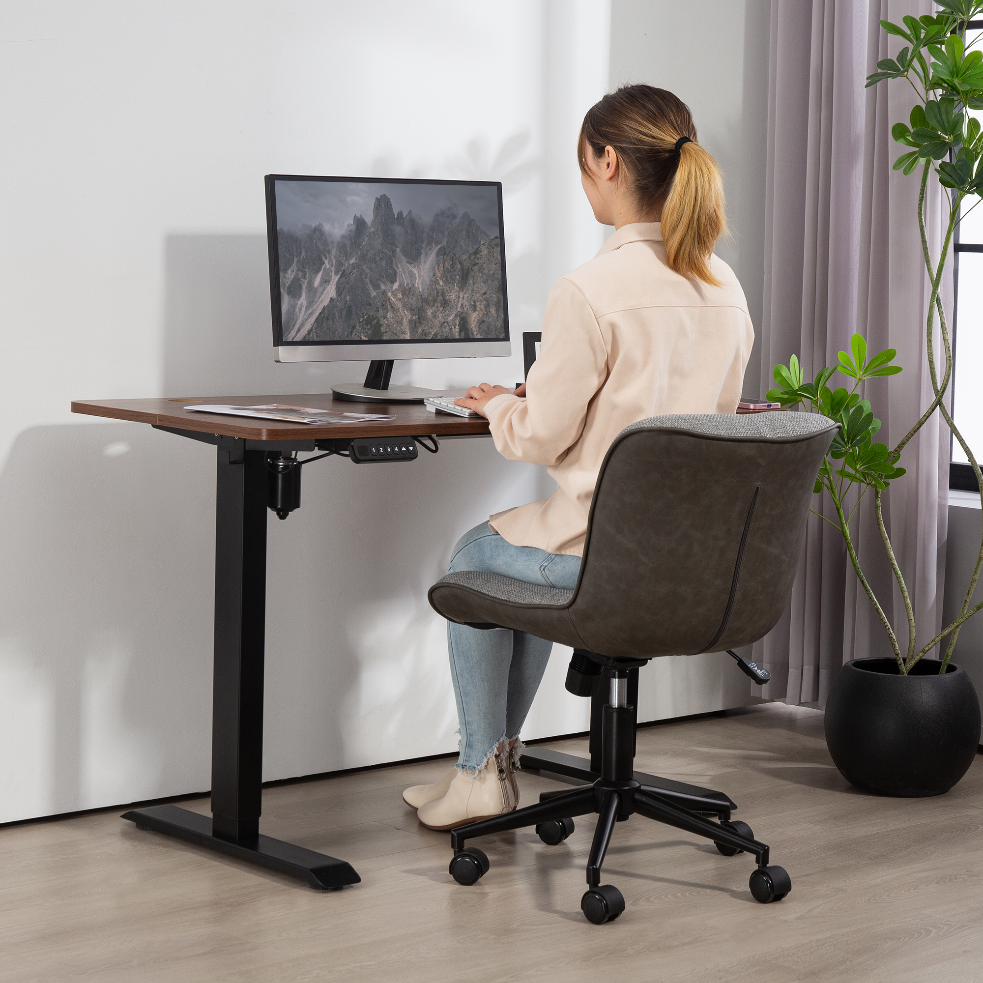 Armloser Bürostuhl, gepolstert, höhenverstellbar, drehbar, rollbar, Grau
