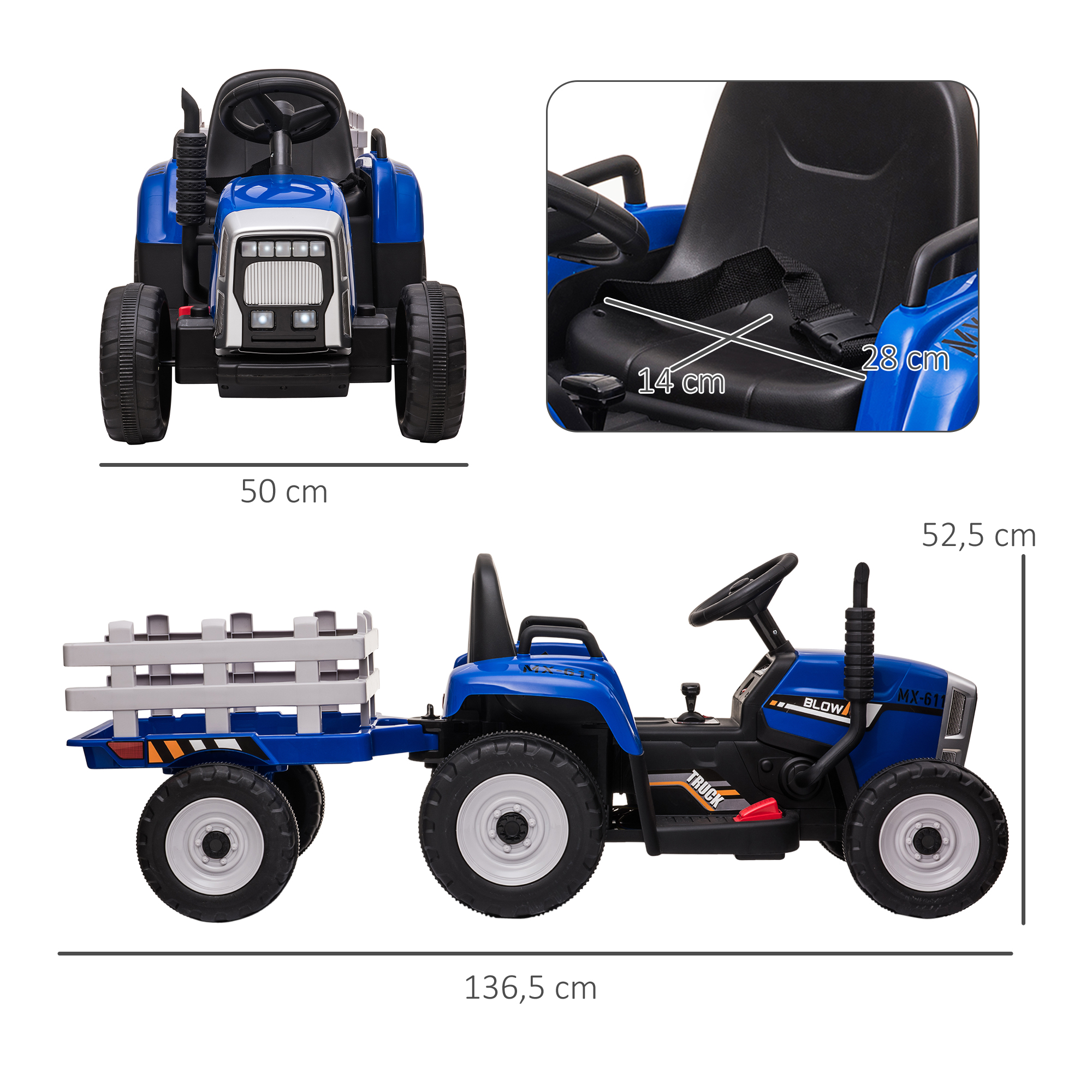 Kinder-Elektroauto mit Anhänger, Fernbedienung, Scheinwerfer, 3-6 km/h, für 3-6 Jahre, Blau