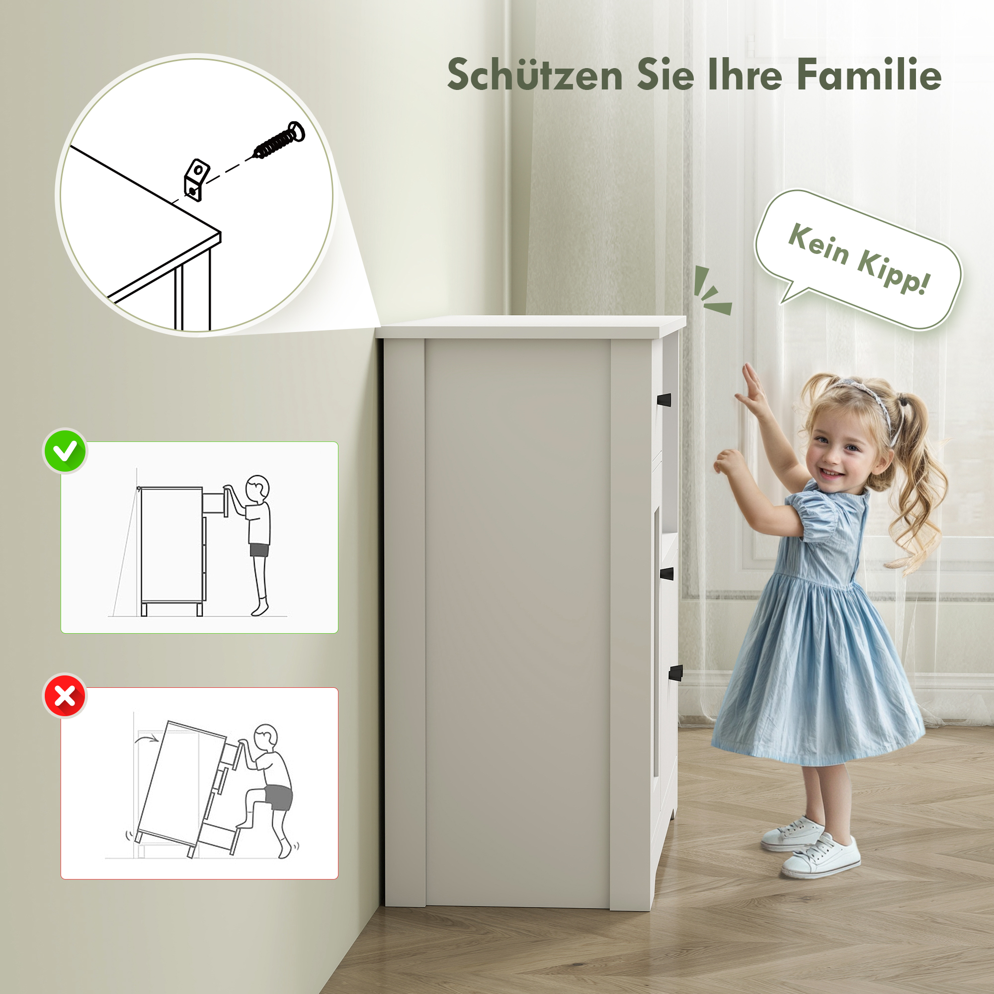 Küchenschrank mit Kabelloch, Kommode mit 2 Schränken, offenes Fach, Schublade, 80 x 35 x 72,2 cm, Spanplatte, Weiß