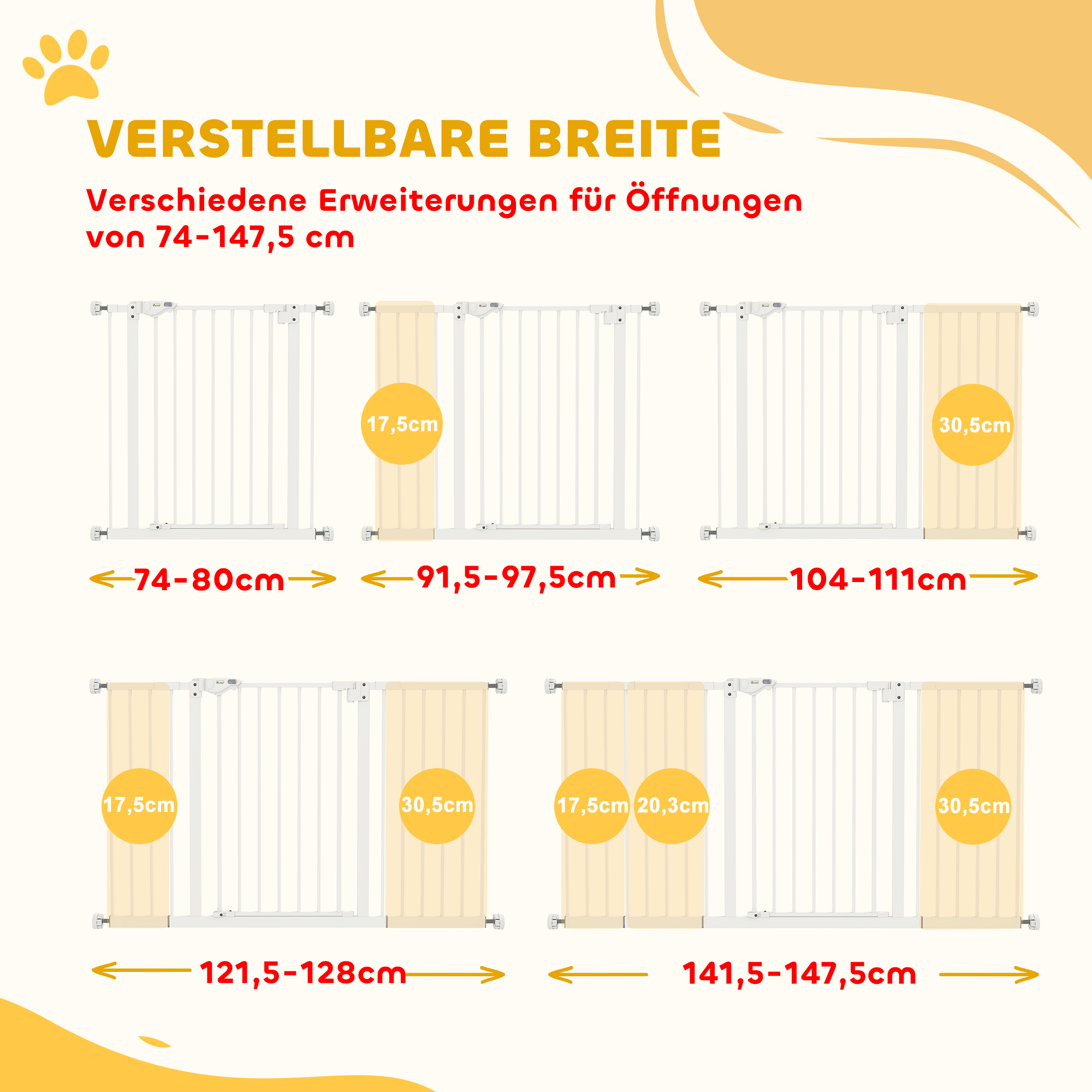 Hunde-Absperrgitter, erweiterbar, Klemmmontage, Metall, 136x76cm, Weiß