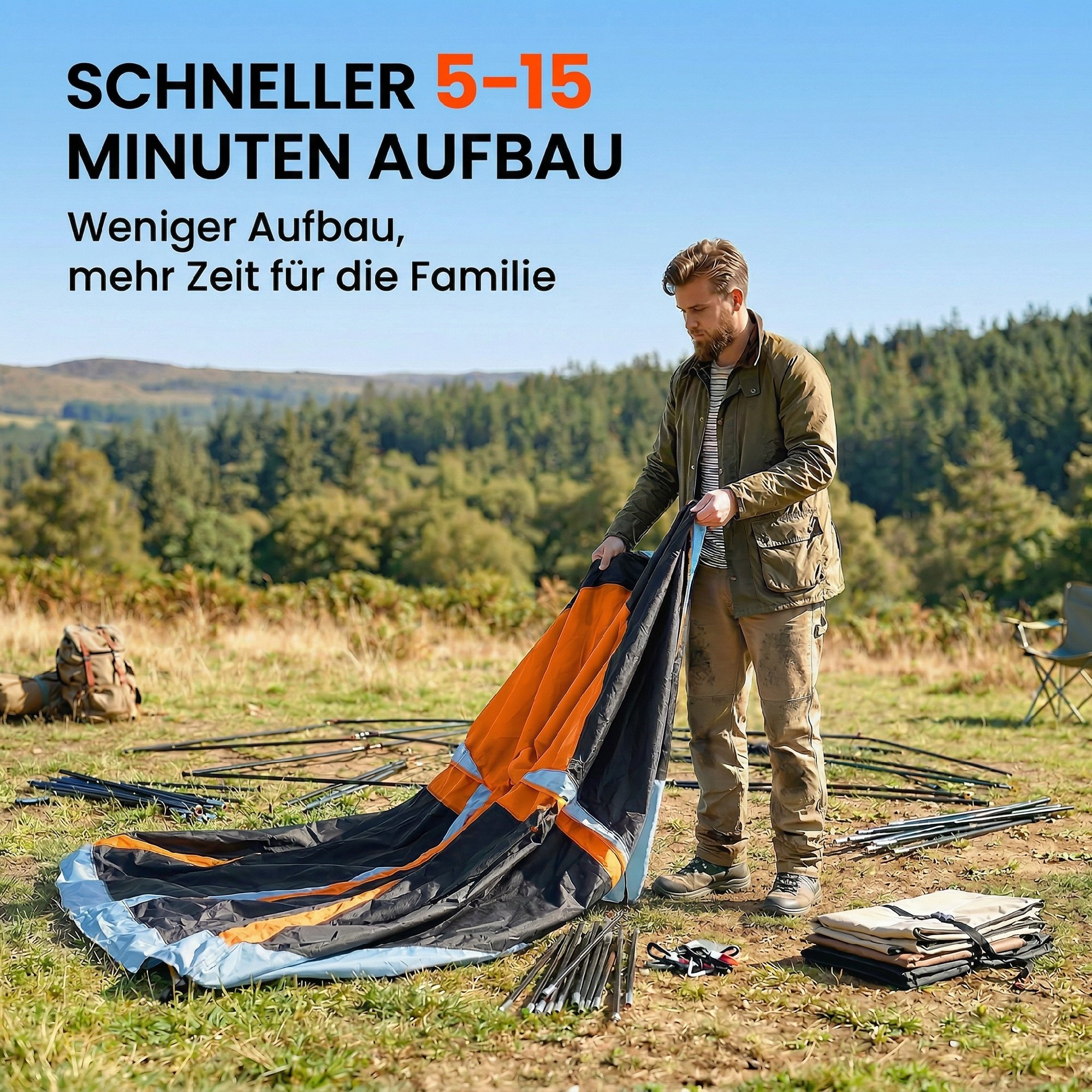 Tunnelzelt 4 Personen Familienzelt mit Schlaf- und Wohnzimmer Dachfenstern Bodenplane Stehhöhe 3000 mm Wassersäule