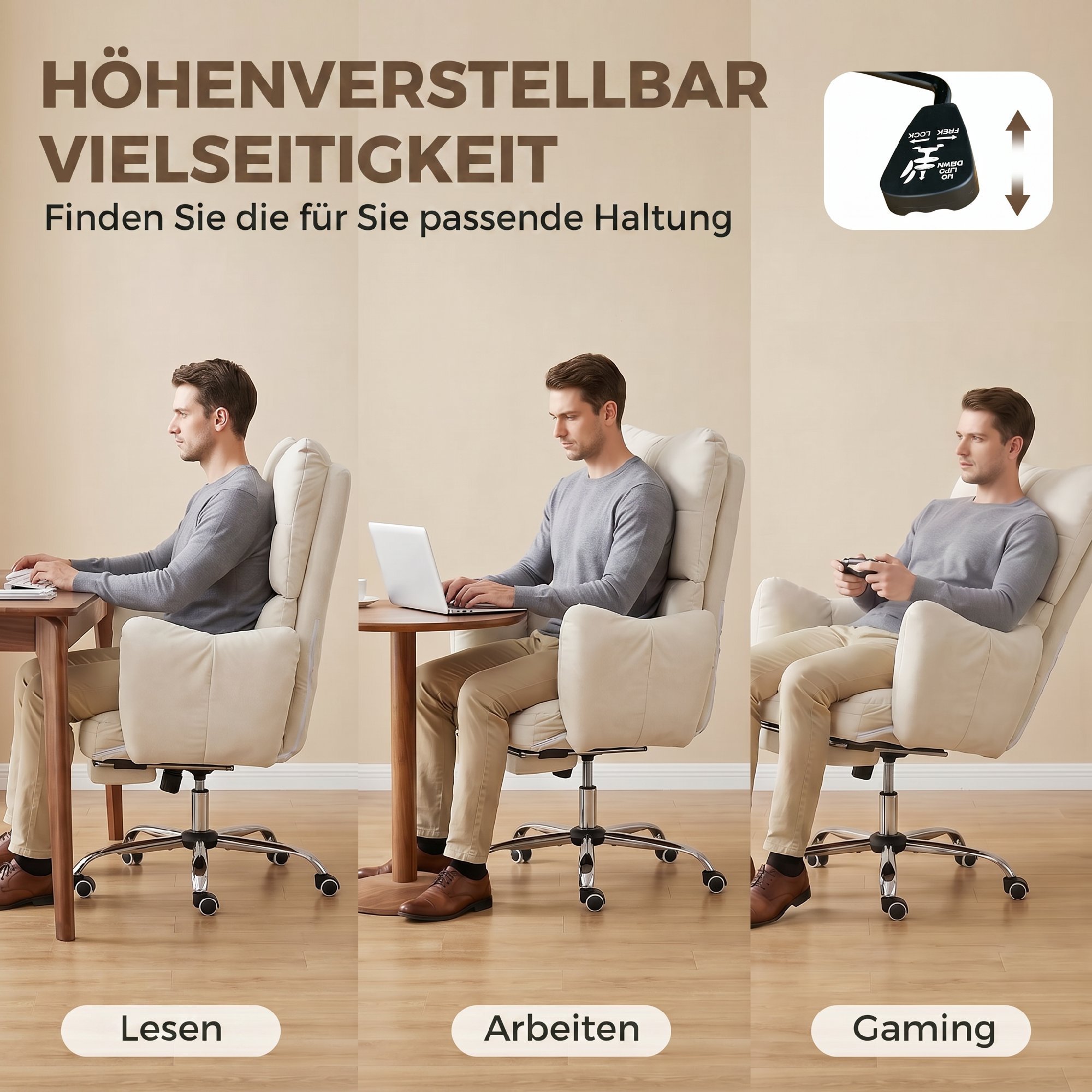 Bürostuhl mit Fußstütze, Ergonomischer Drehstuhl mit Wippfunktion, Verstellbarer Hohe Rückenlehne, Schneeflanellstoff