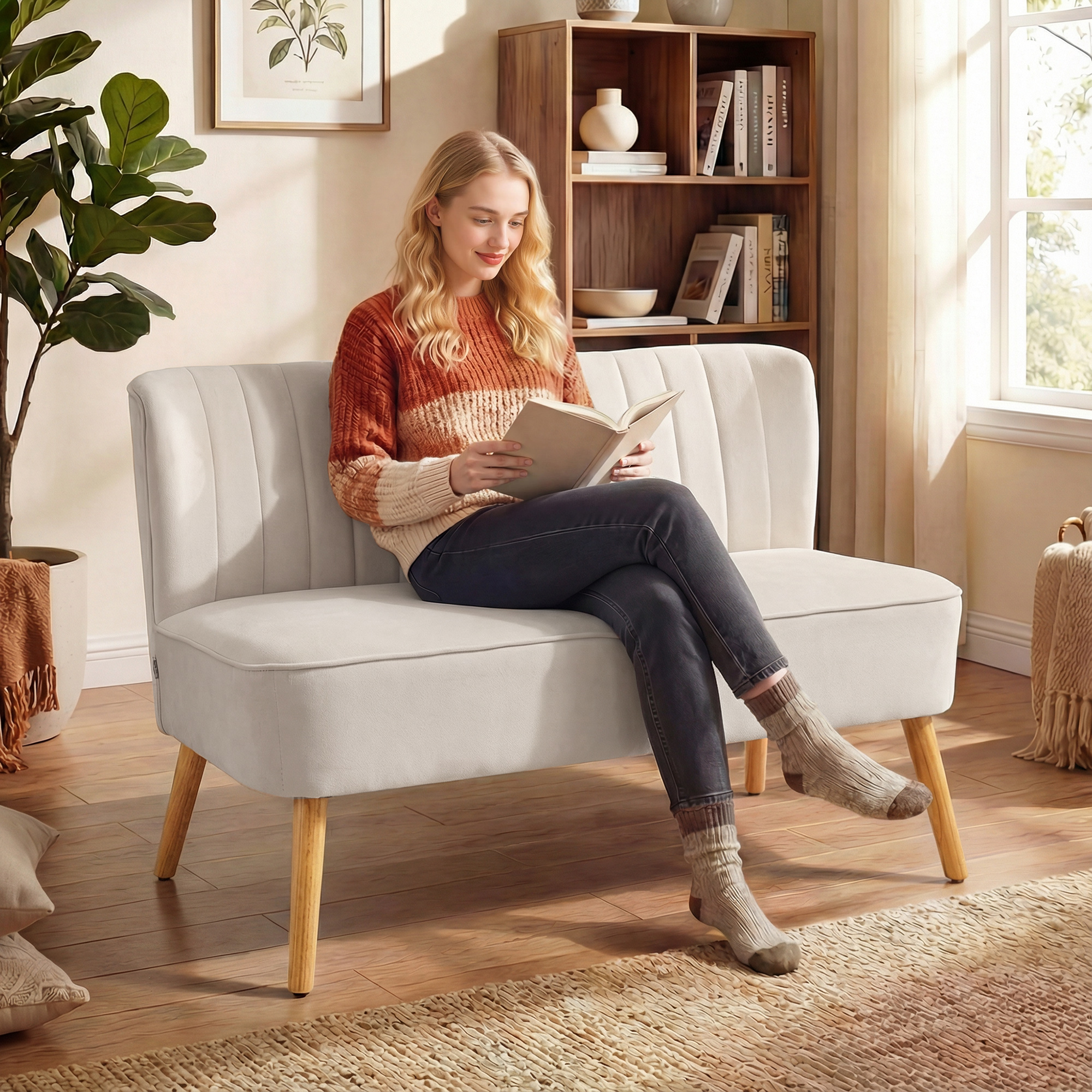 Sofa Retrodesign 2-Sitzer-Sofa, Holzbeine, 117 cm x 56,5 cm x 77 cm, Cremeweiß