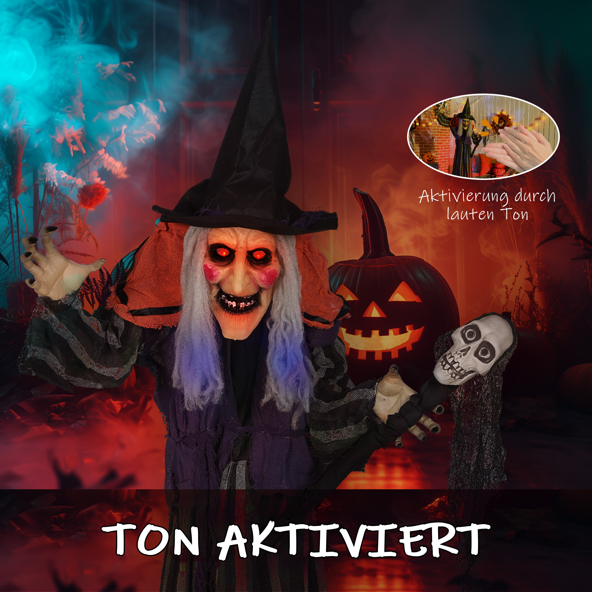 160 cm Halloween Dekoration Halloween Hexe mit LED-Lichter, Soundfunktion verstellbare Arme, Körper