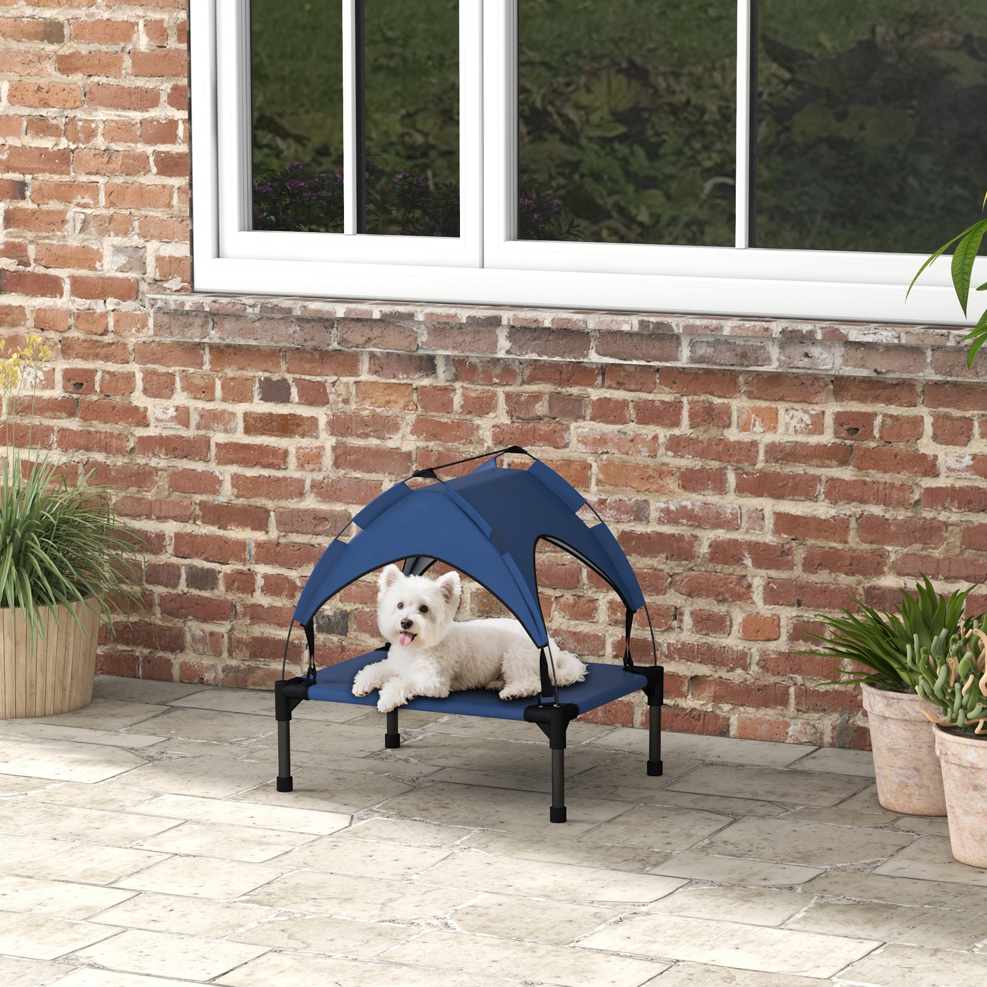 Hundebett mit Dach, Outdoor, tragbar, wasserabweisend, bis 30 kg, 61 x 46 x 63 cm, Dunkelblau