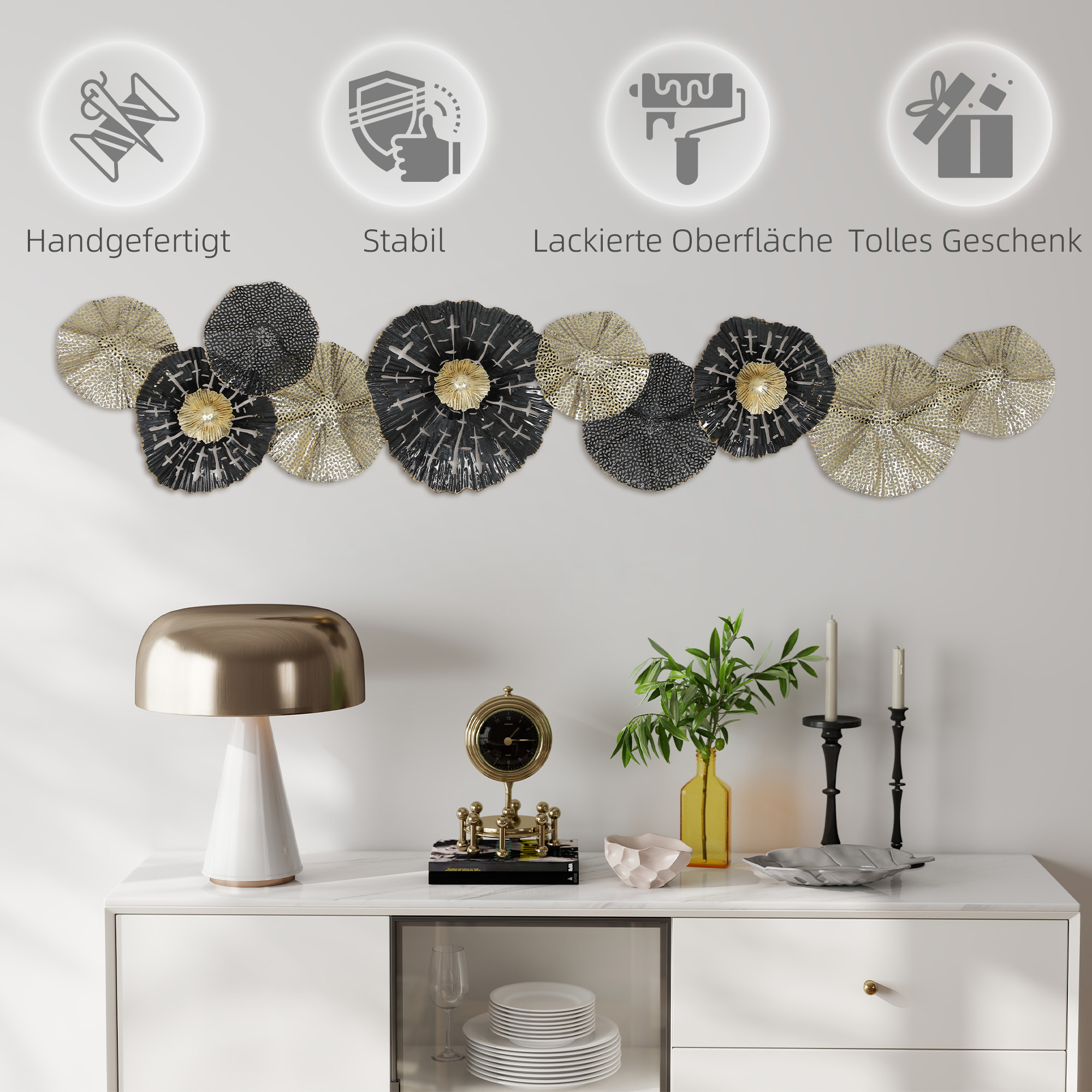 Wandbild, Wandschmuck mit Metallrahmen, moderner Stil, Schwarz+Gold