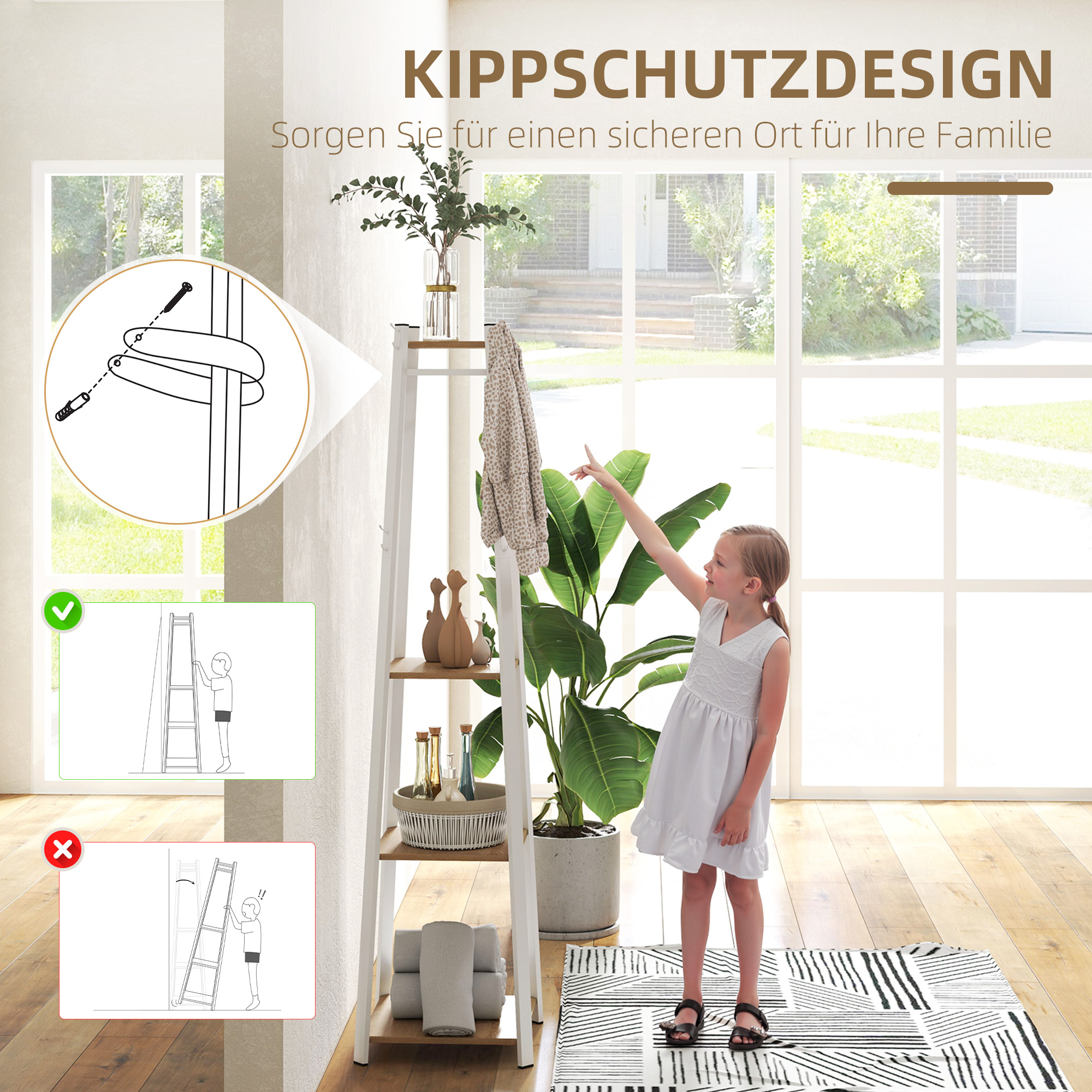 Kleiderständer, Trapez-Design, dreistufig, 8 Doppelhaken, Stahll, Weiß+Eiche