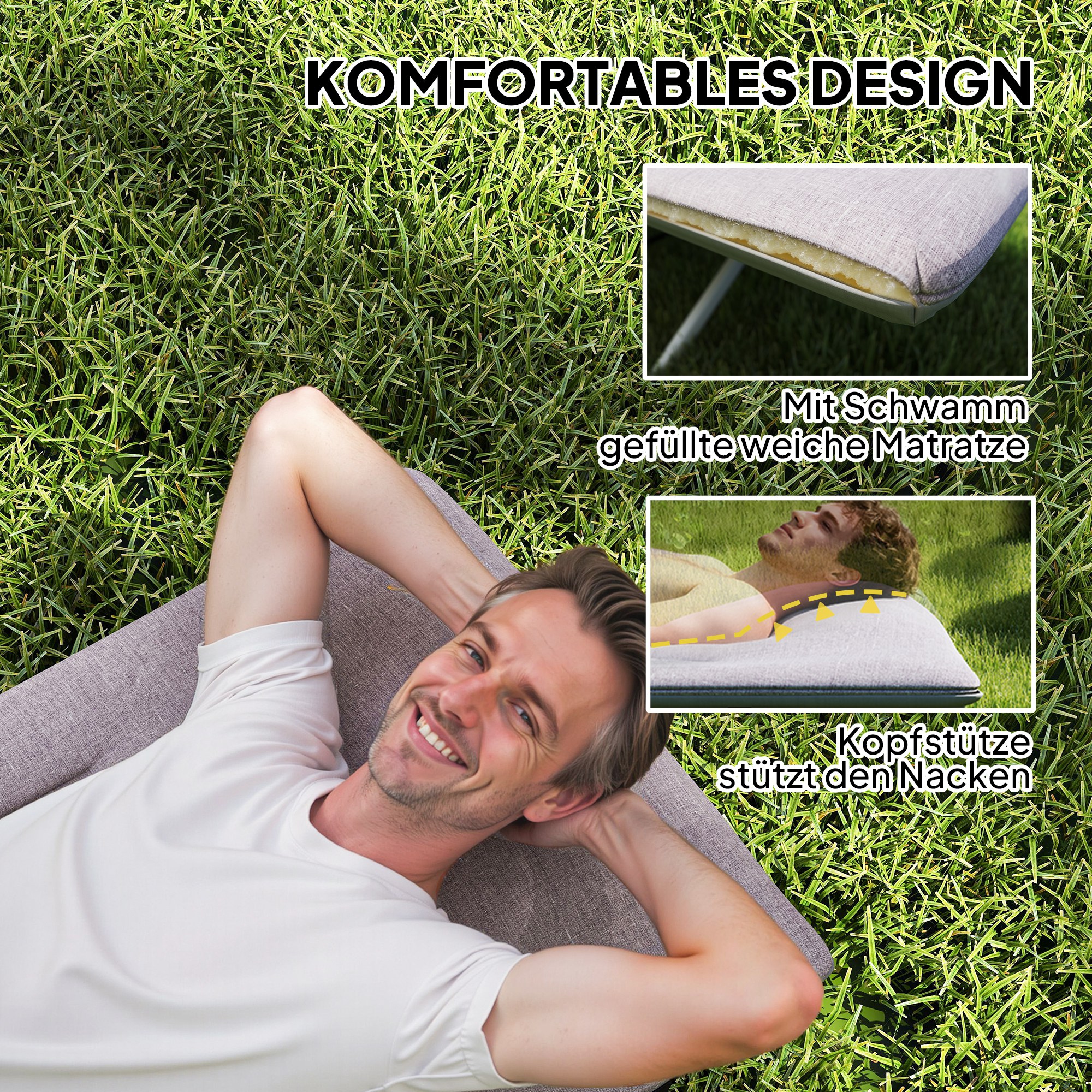 Feldbett, Campingbett, klappbar, weich, bis 200 kg, rostfreies Metallgestell, 185 x 65 x 37 cm, Grau