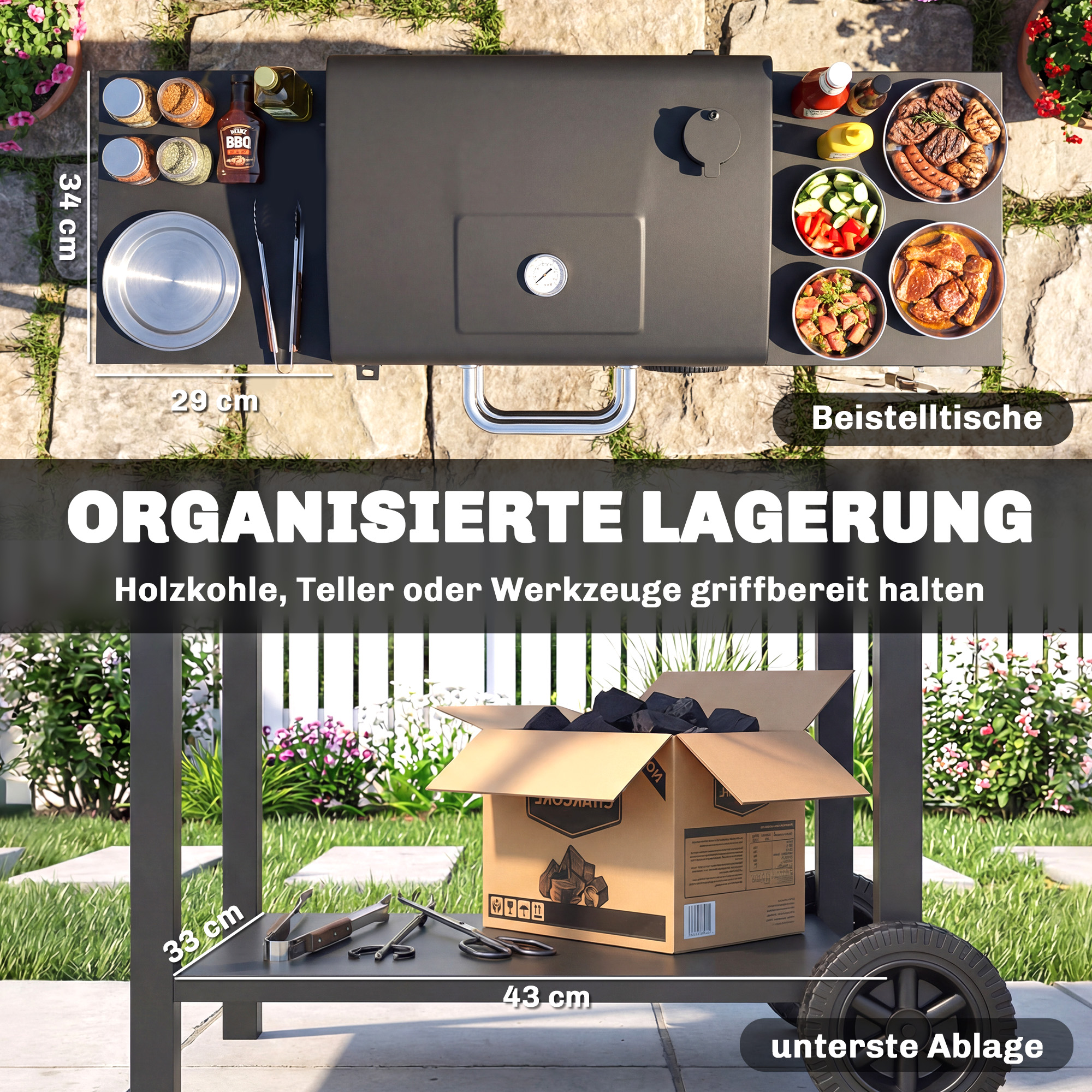 Holzkohlegrill mit Deckel, BBQ Smoker Grill mit 2 Seitentischen Große Grillfläche Grillrost Thermometer Räder